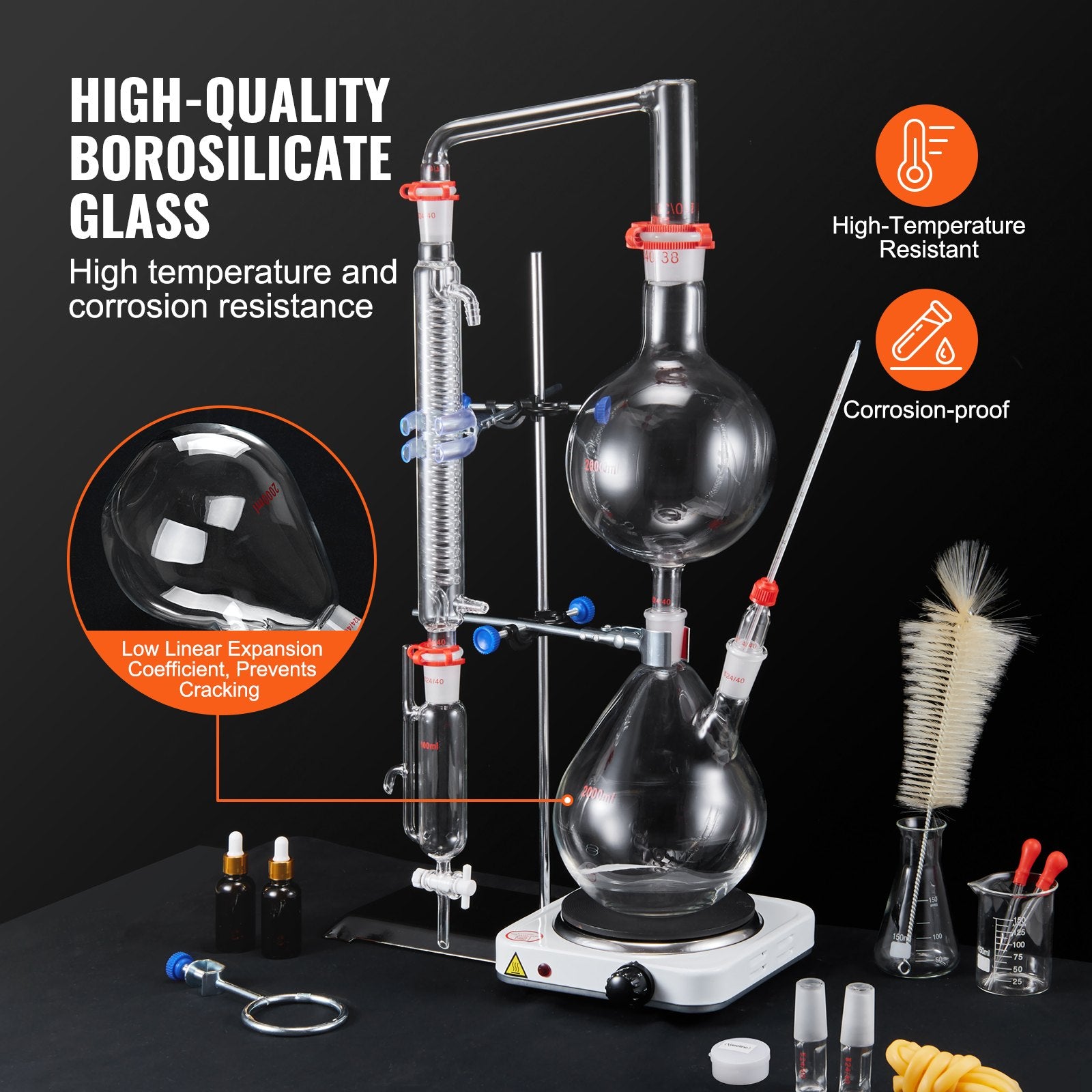 28pcs Essential Oil 2000ml Distillation Kit with 1000W Heating Plate