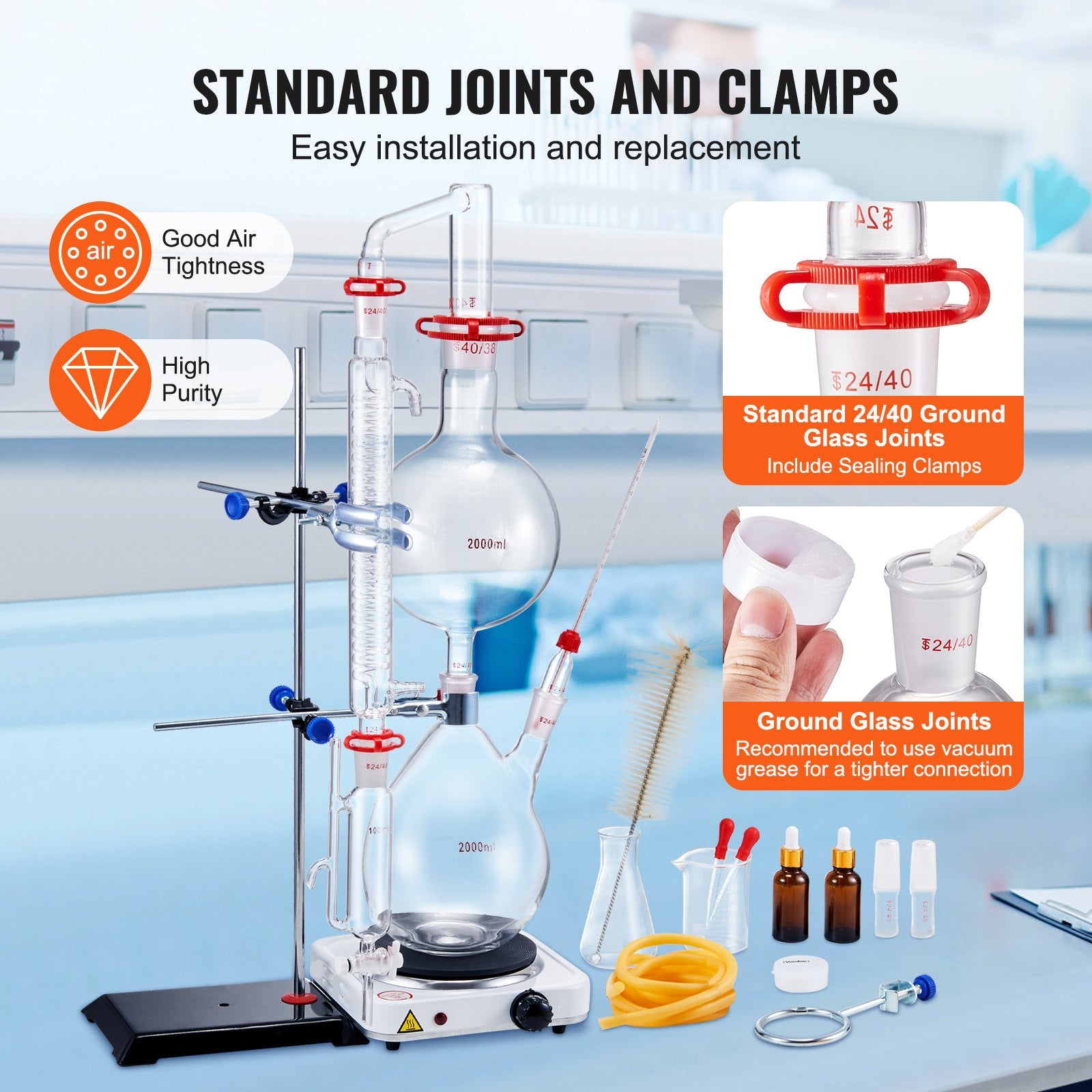 28pcs Essential Oil 2000ml Distillation Kit with 1000W Heating Plate