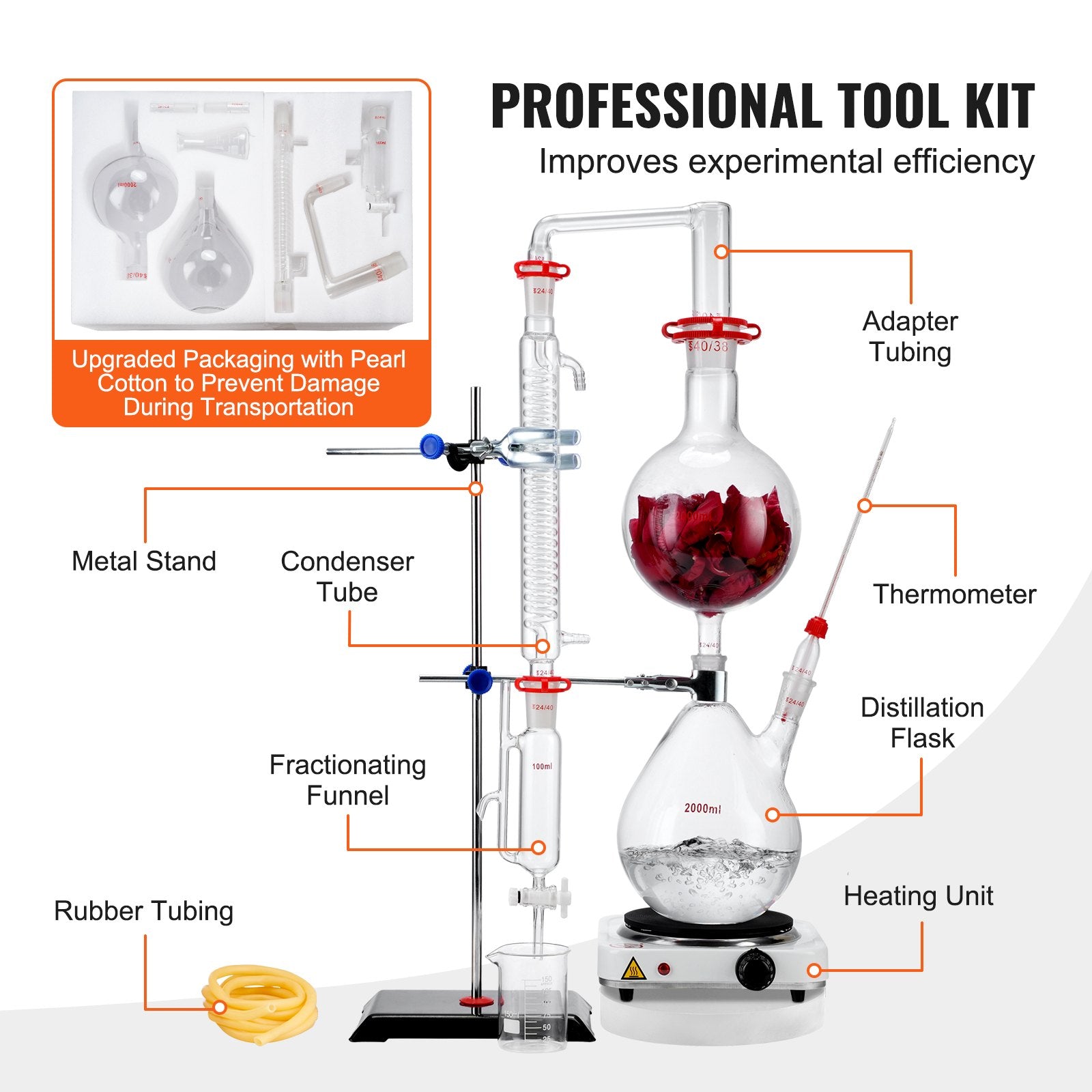 28pcs Essential Oil 2000ml Distillation Kit with 1000W Heating Plate