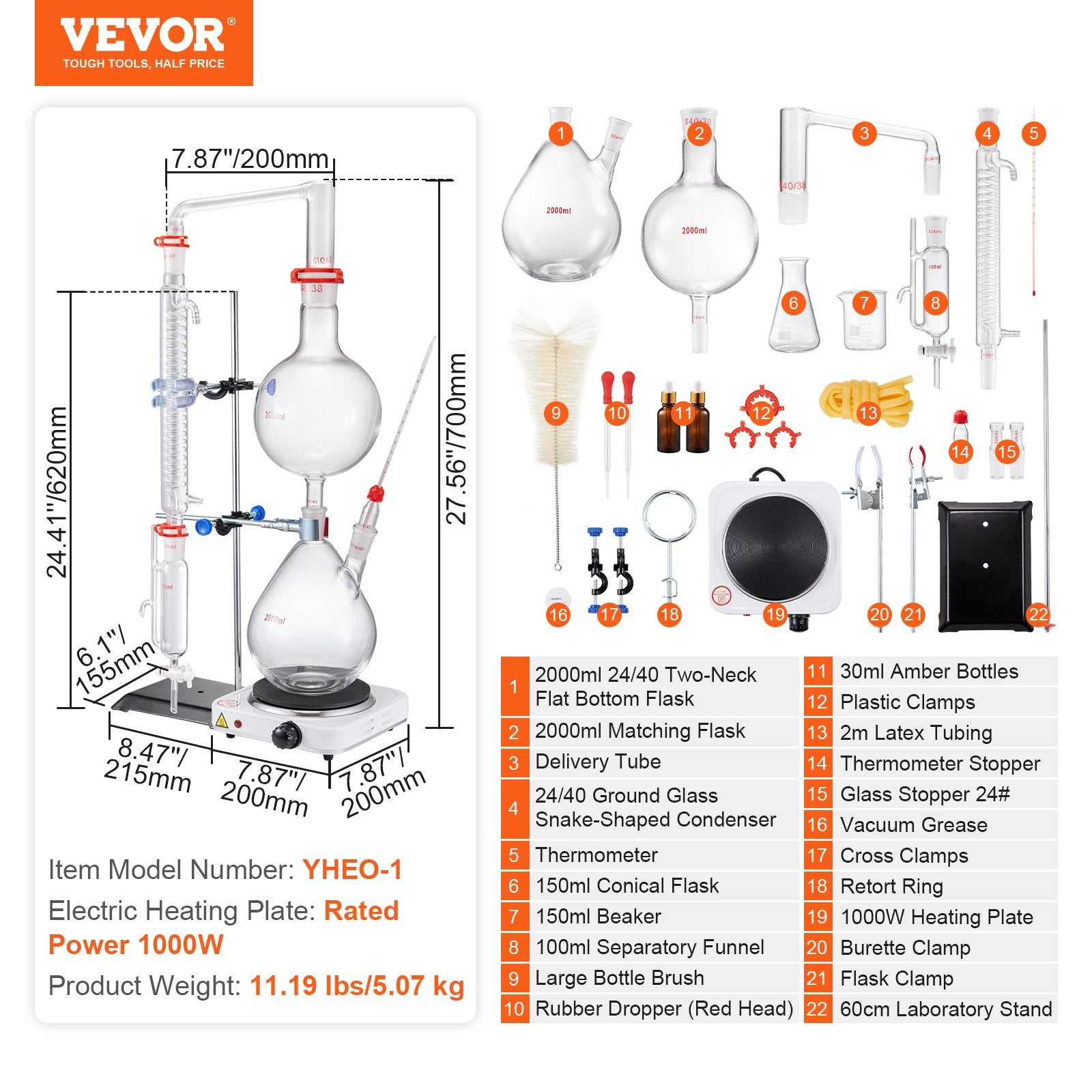 28pcs Essential Oil 2000ml Distillation Kit with 1000W Heating Plate