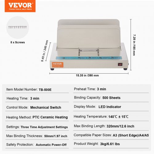 VEVOR Thermal Book Binder 500 Sheets Capacity 50mm Binding Thickness