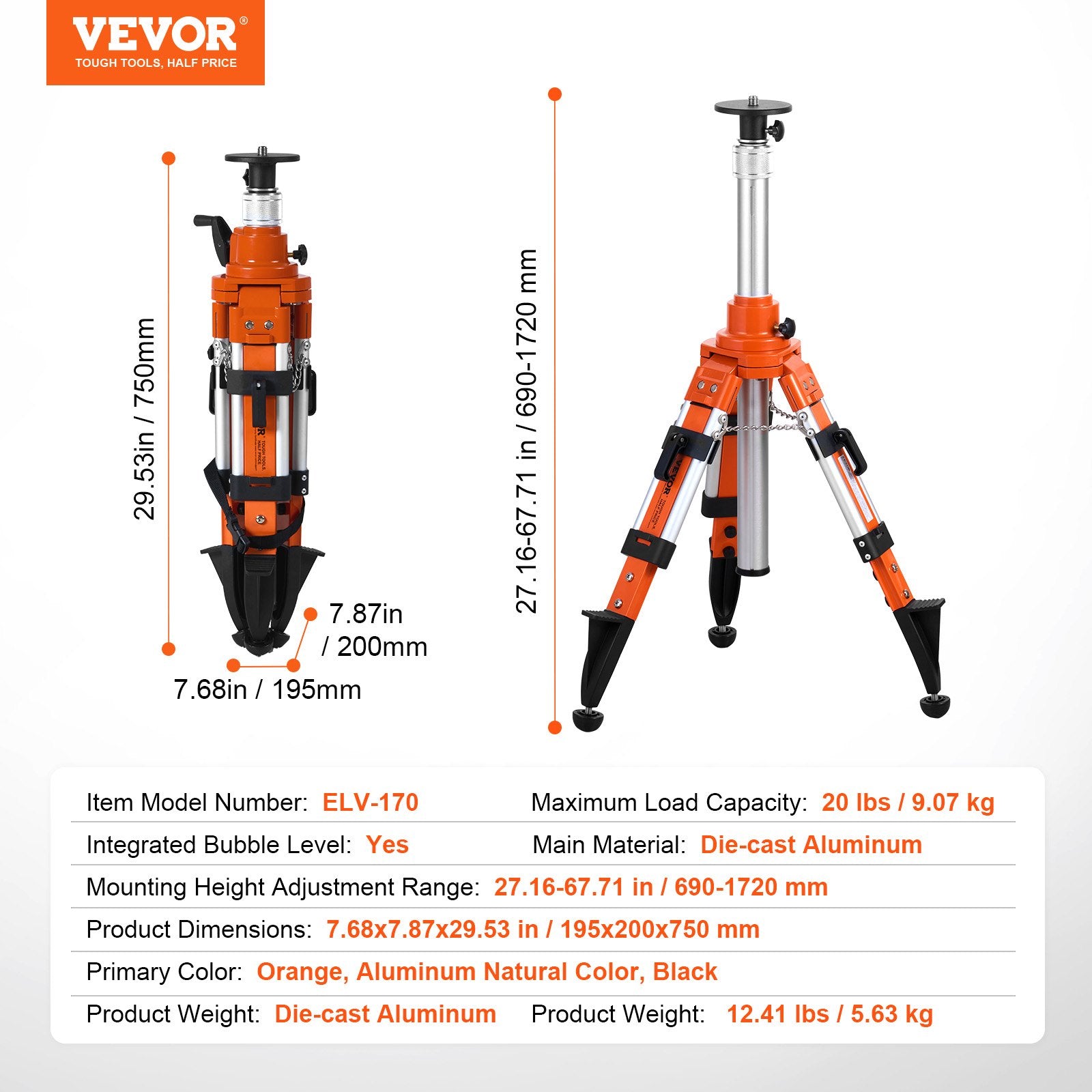 Laser Level Tripod Stand 5/8-11 Thread 27.16-67.71in Adjustable Heavy Duty
