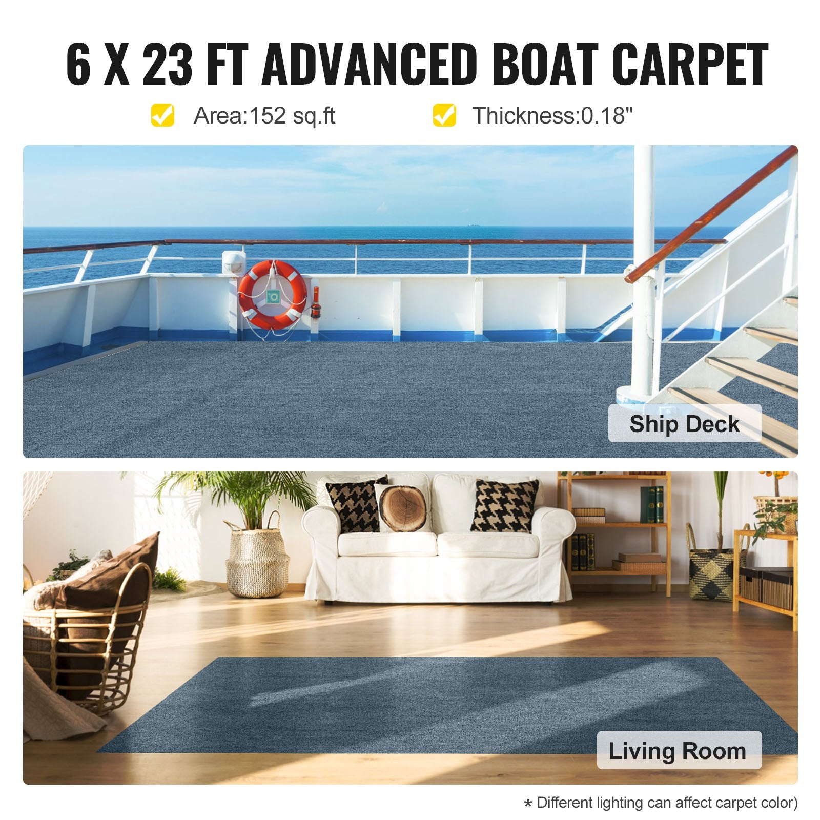Gray Marine Carpet 6x23ft Boat Indoor Outdoor Anti-Slide Waterproof Easy Clean