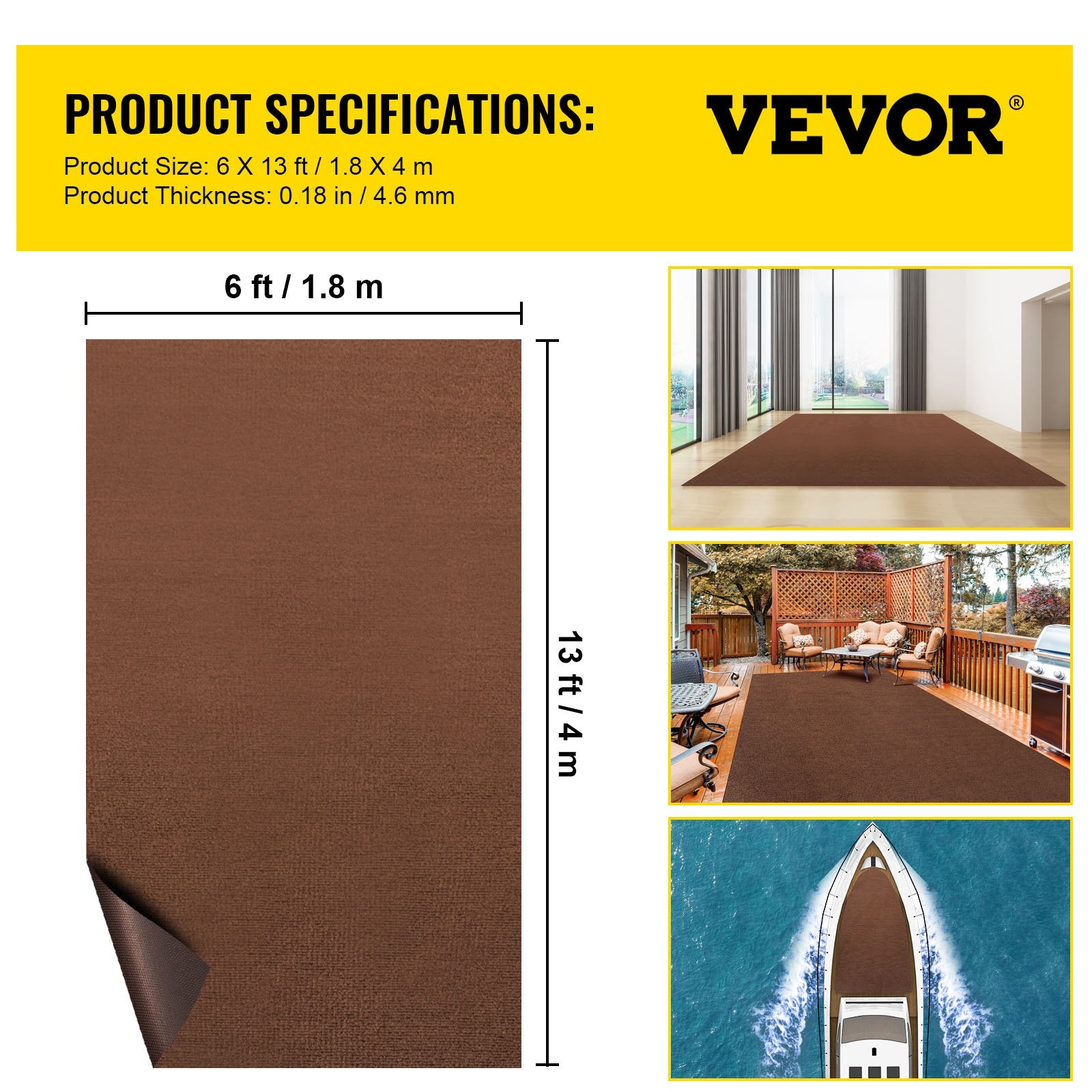 Marine Carpet 6x13ft Deep Brown Boat Indoor Outdoor Waterproof TPR Backing Roll