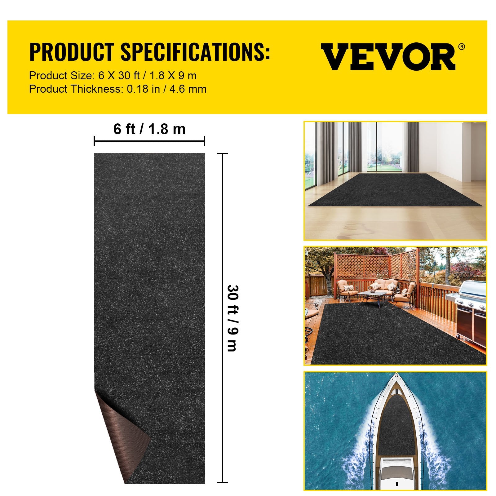 Marine Carpet 6 x 30 ft Boat Carpeting, Charcoal Black Marine Grade Carpet