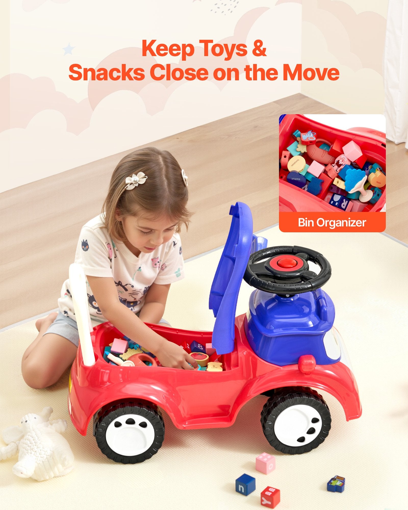 Ride On Toddler Push Car with Music, Storage, Foot-to-Floor, Red