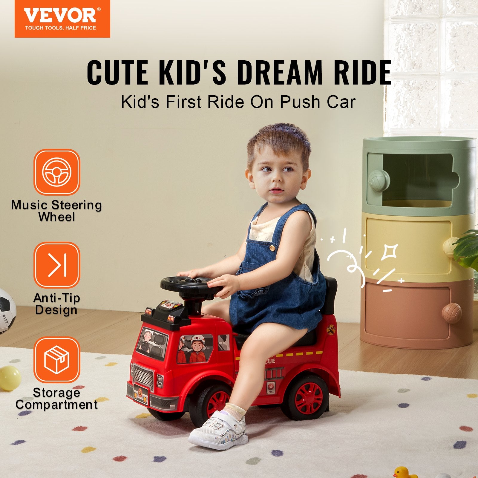 Ride On Push Car for Toddlers 1-3 Years with Music Steering Wheel Red
