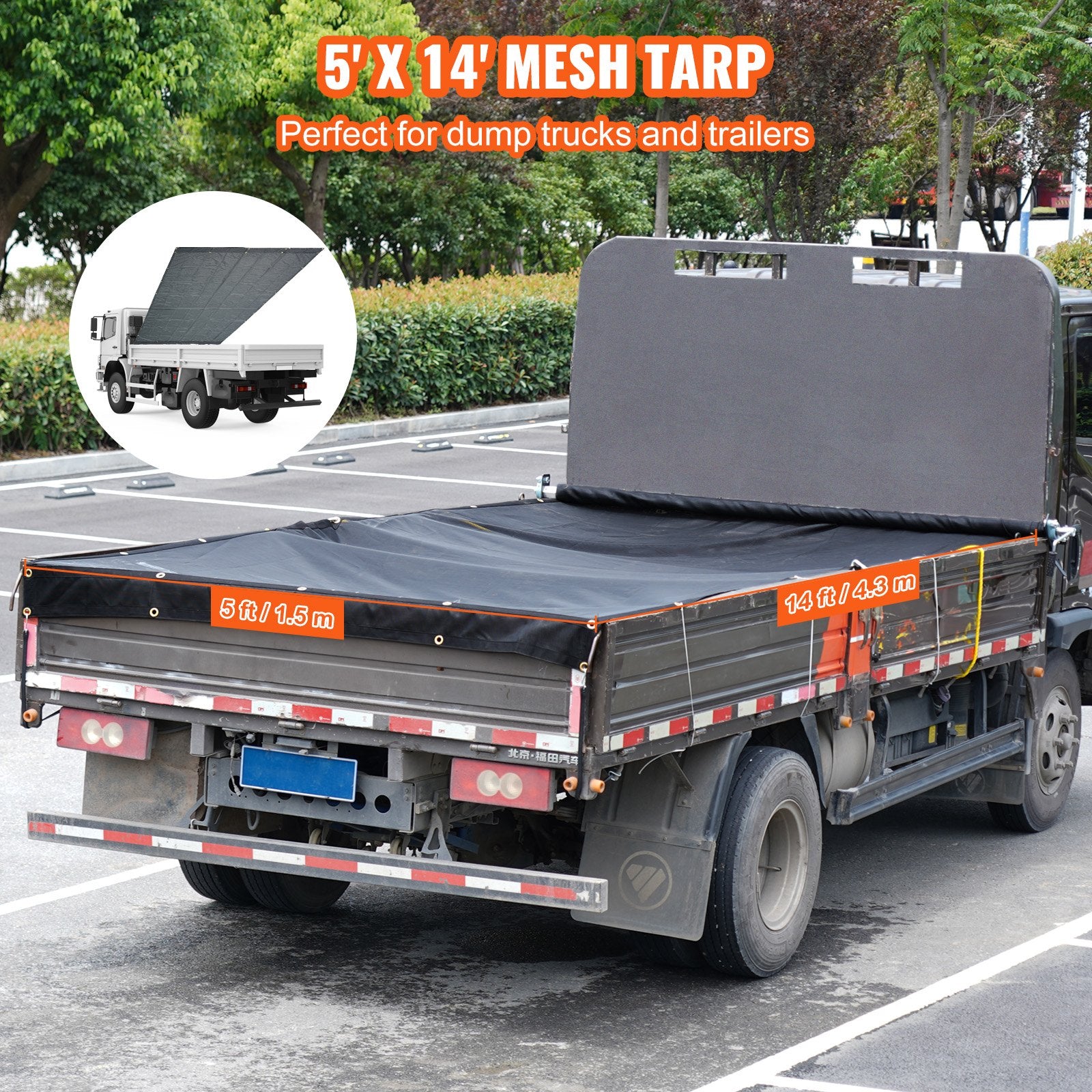 Dump Truck Mesh Tarp 5x14ft PVC Coated Black Heavy Duty with Brass Grommets