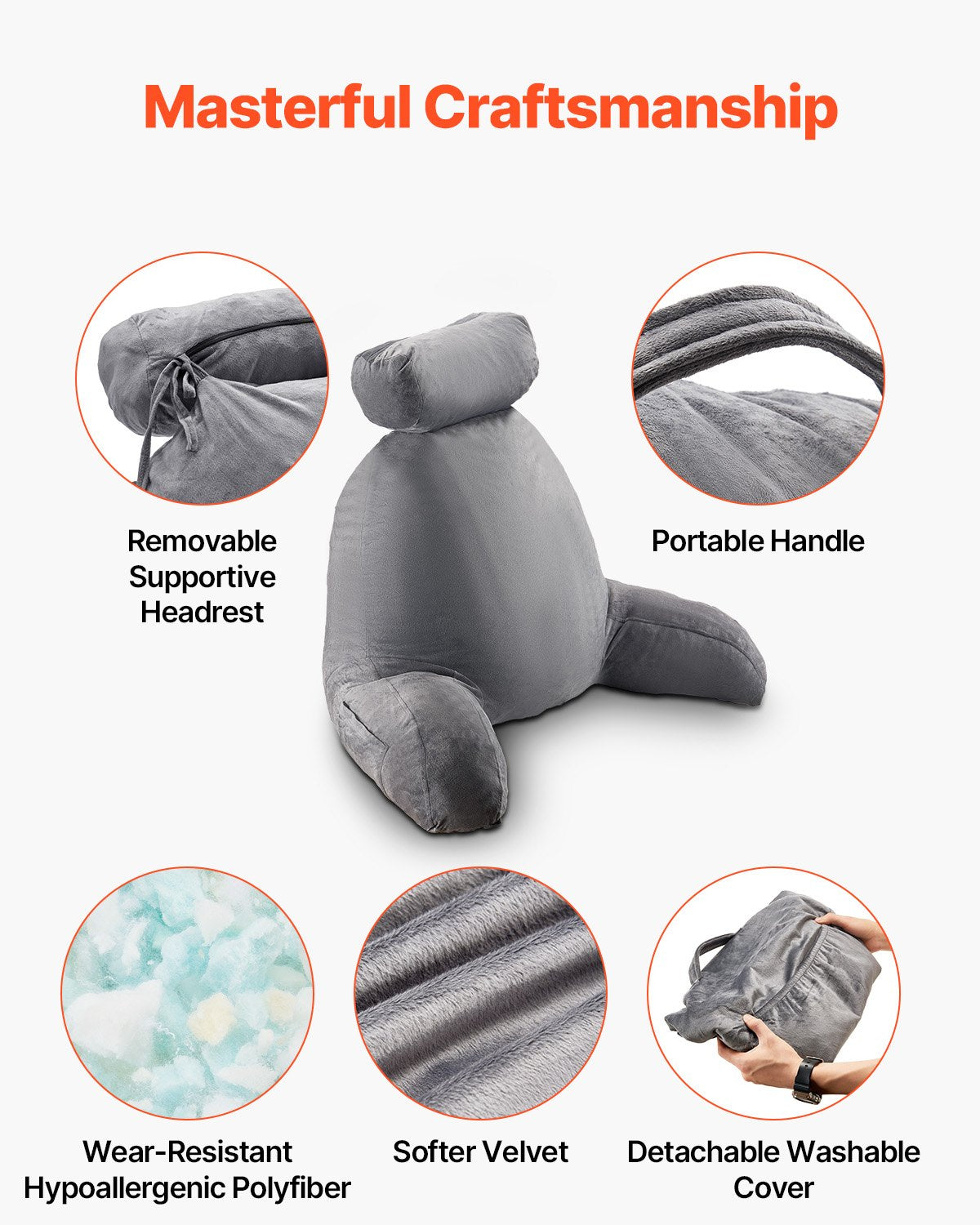 Reading Pillow Large Removable Headrest 3 Pockets Shredded Memory Foam Grey