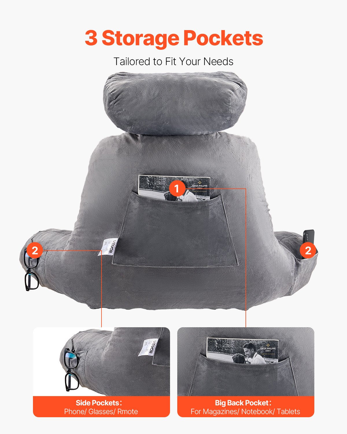 Reading Pillow Large Removable Headrest 3 Pockets Shredded Memory Foam Grey