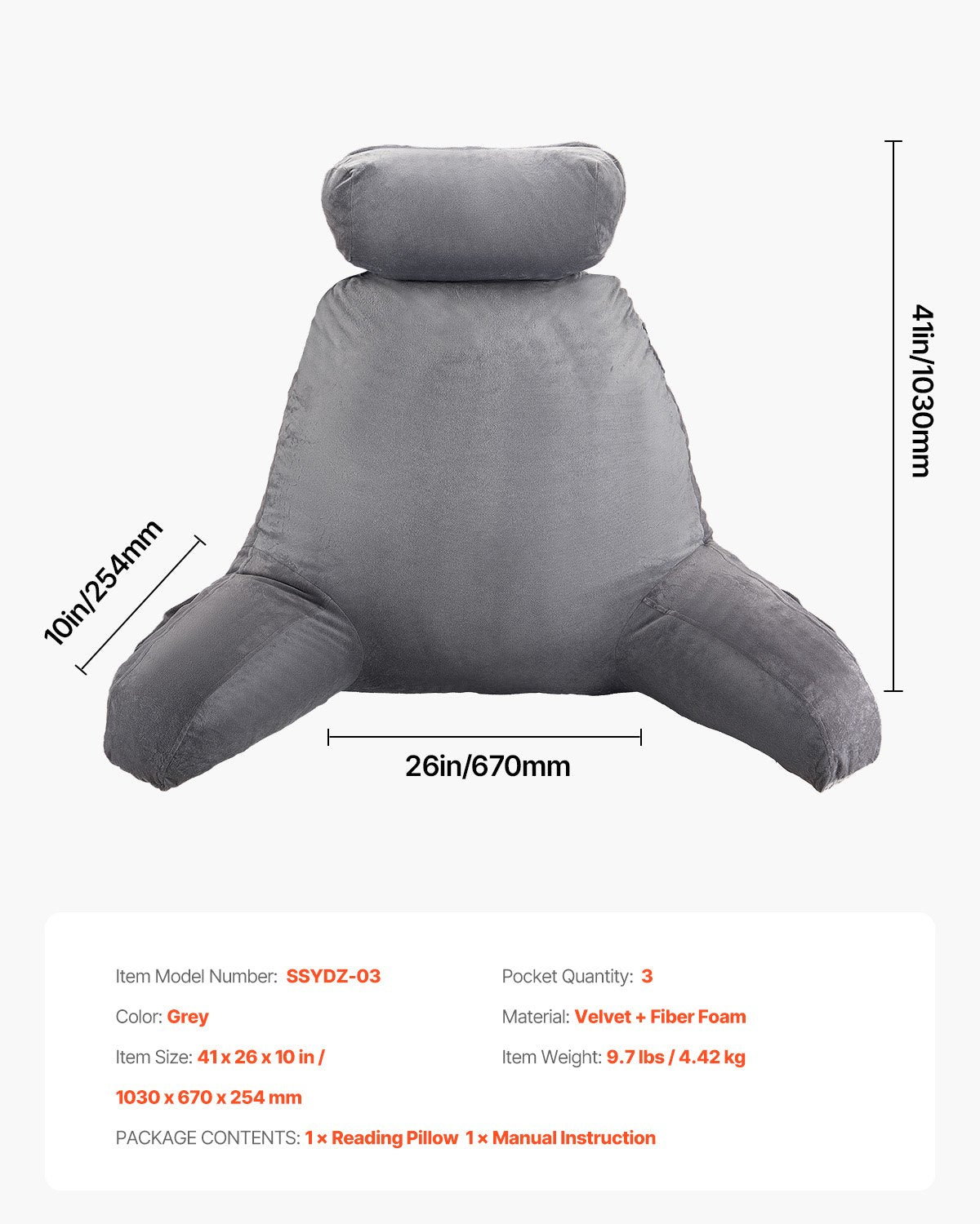 Reading Pillow Large Removable Headrest 3 Pockets Shredded Memory Foam Grey