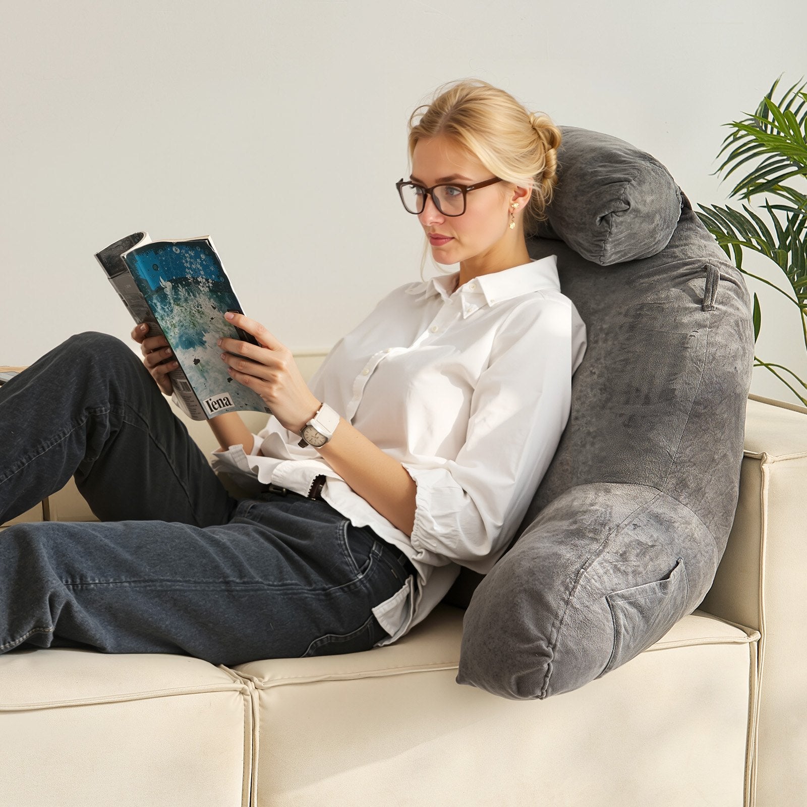 Reading Pillow Large Removable Headrest 3 Pockets Shredded Memory Foam Grey