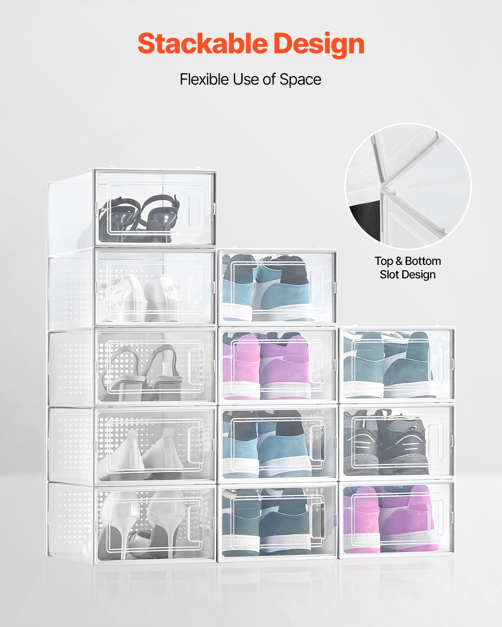 Shoe Storage Boxes 12 Pack Stackable Organizers White Frame Fit up to US 11