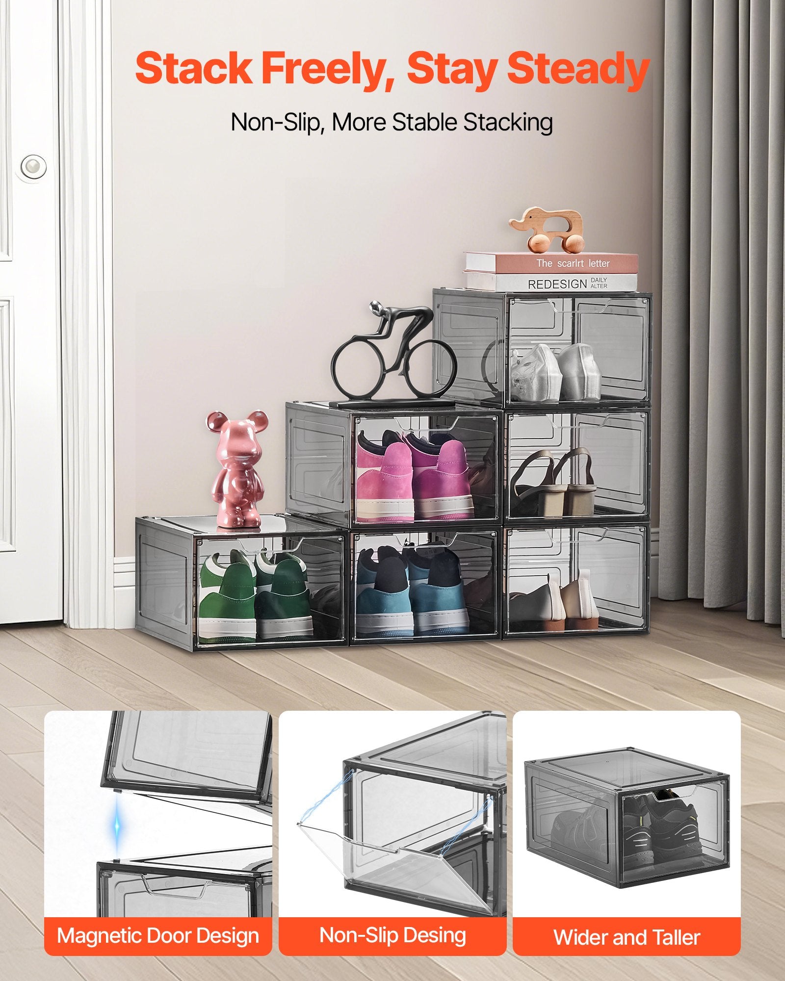 Shoe Storage Boxes 6 Pack Clear Stackable Magnetic Door Fits Up to US Size 13