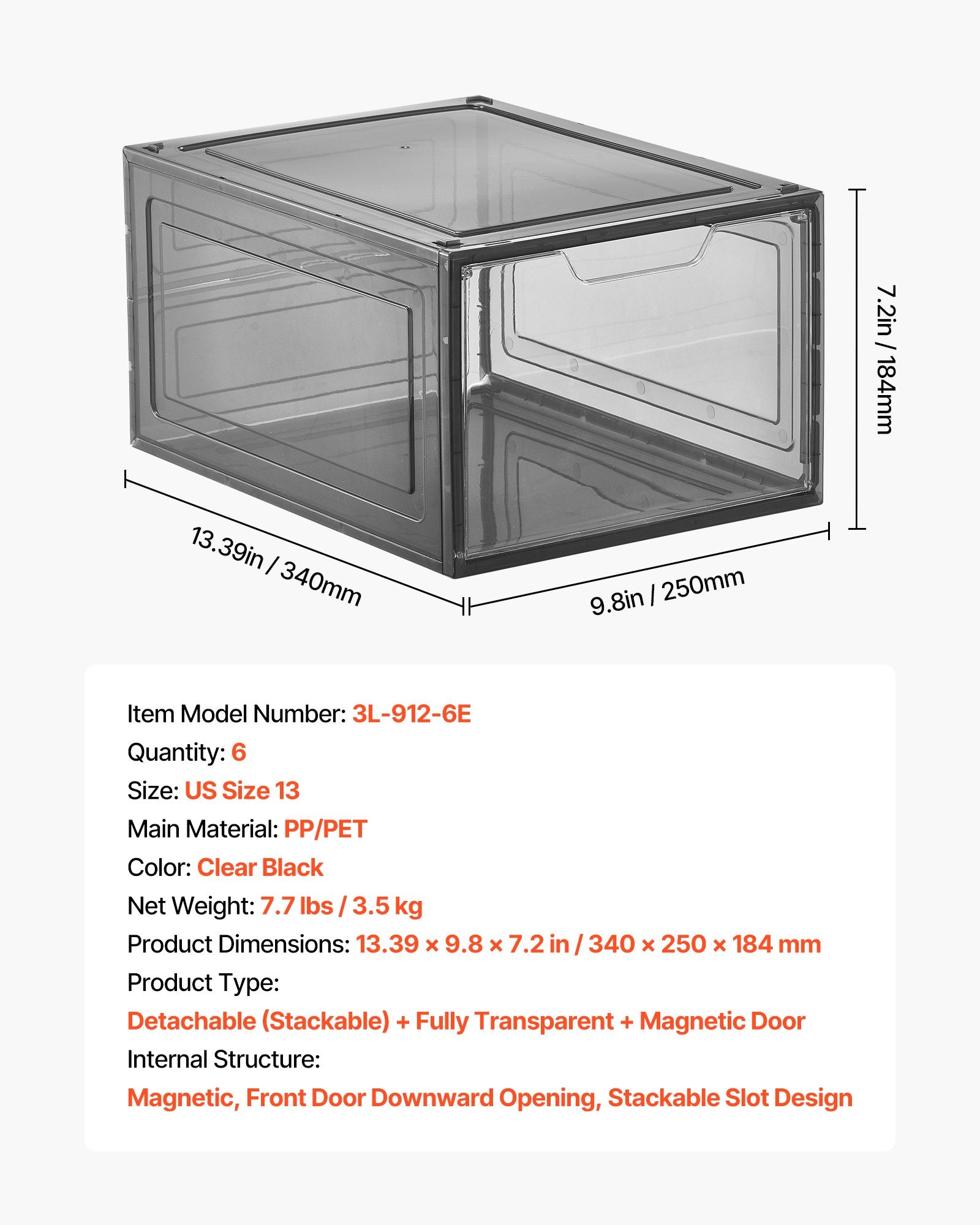 Shoe Storage Boxes 6 Pack Clear Stackable Magnetic Door Fits Up to US Size 13