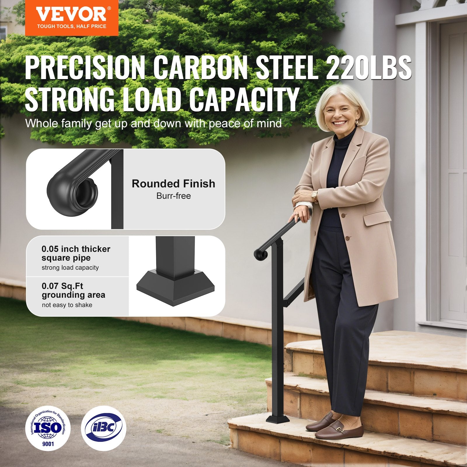 Handrails for Outdoor Steps, 2-3 Step Stair & Indoor Railing Kit, Black Rails