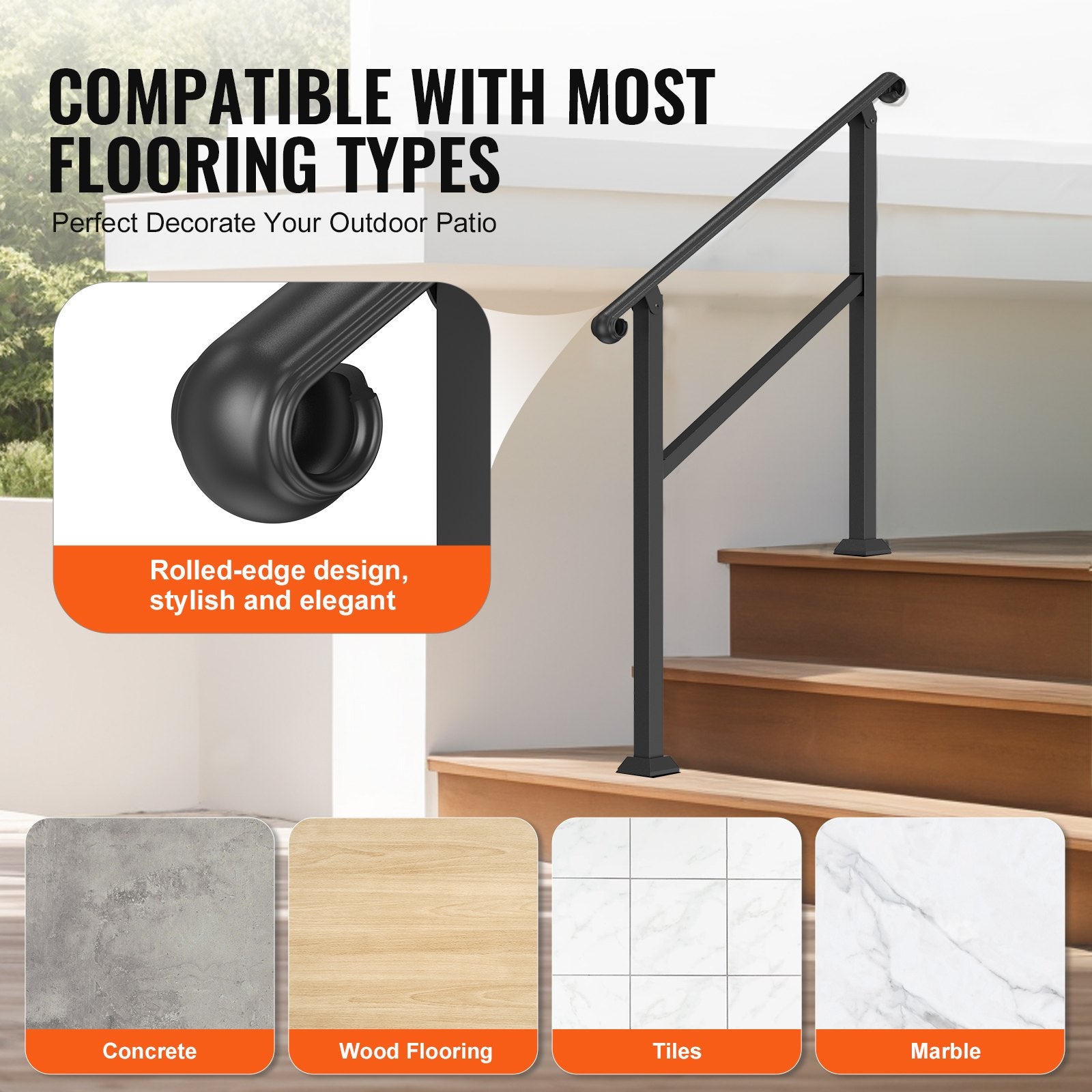 Handrails for Outdoor Steps, 2-3 Step Stair & Indoor Railing Kit, Black Rails