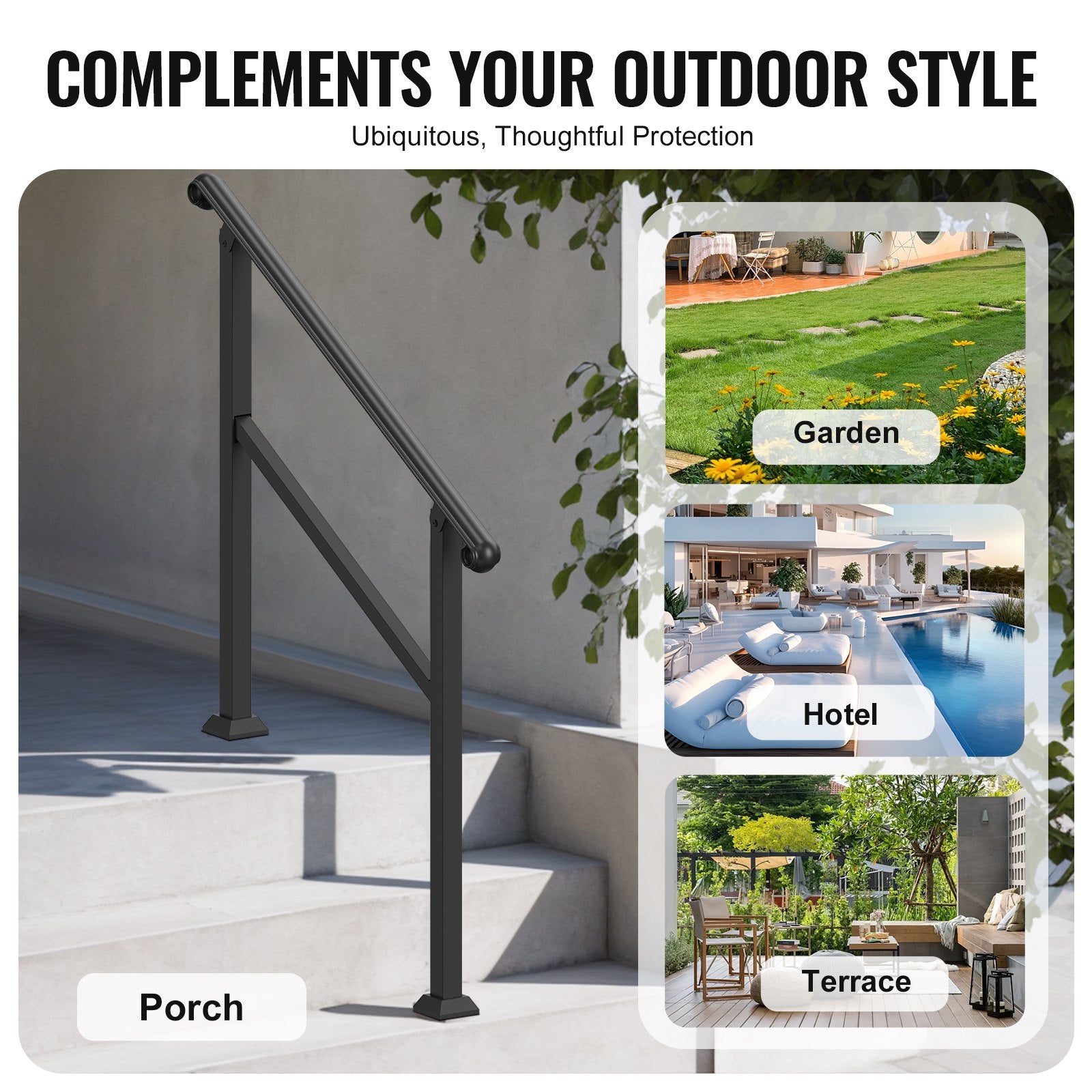 Handrails for Outdoor Steps, 2-3 Step Stair & Indoor Railing Kit, Black Rails