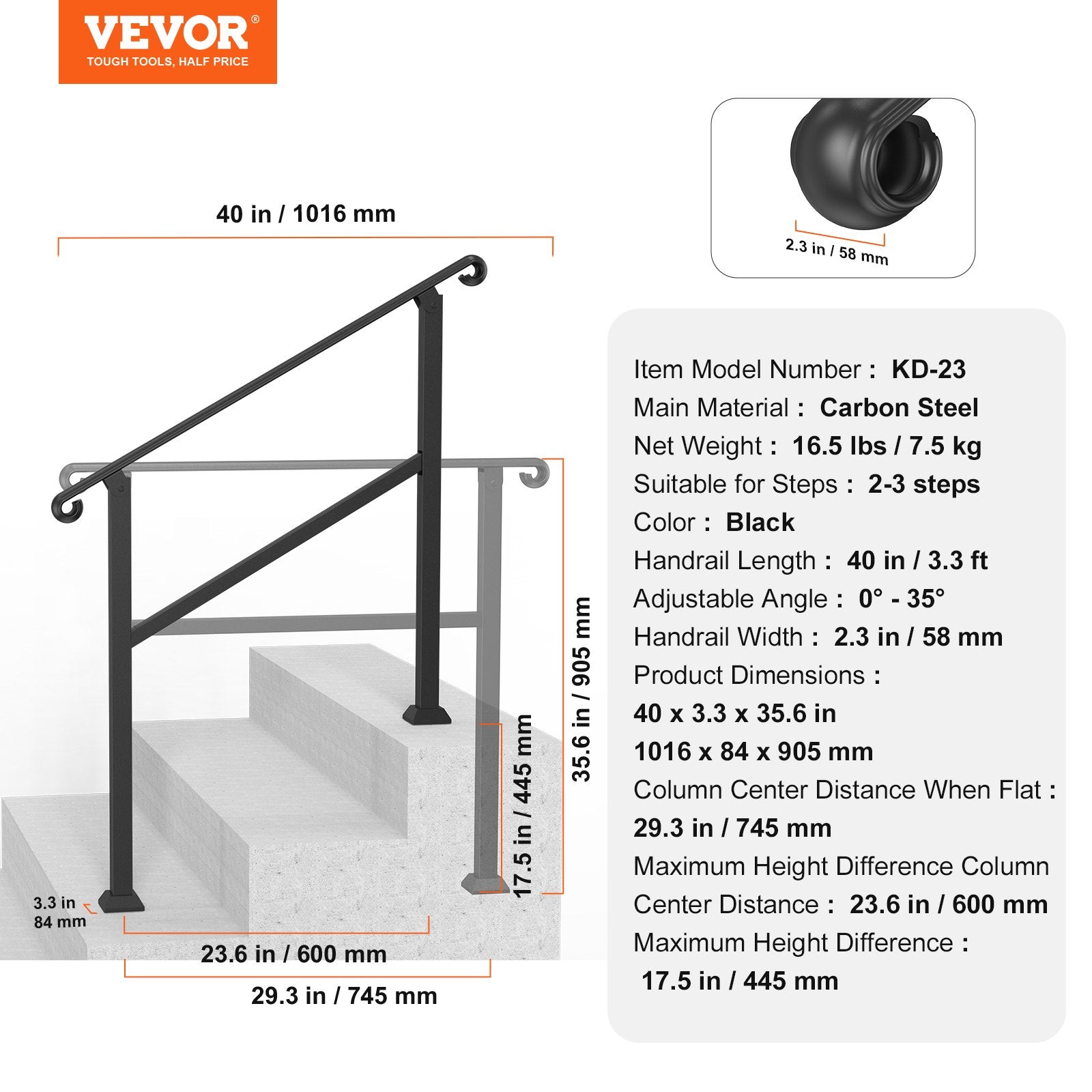 Handrails for Outdoor Steps, 2-3 Step Stair & Indoor Railing Kit, Black Rails