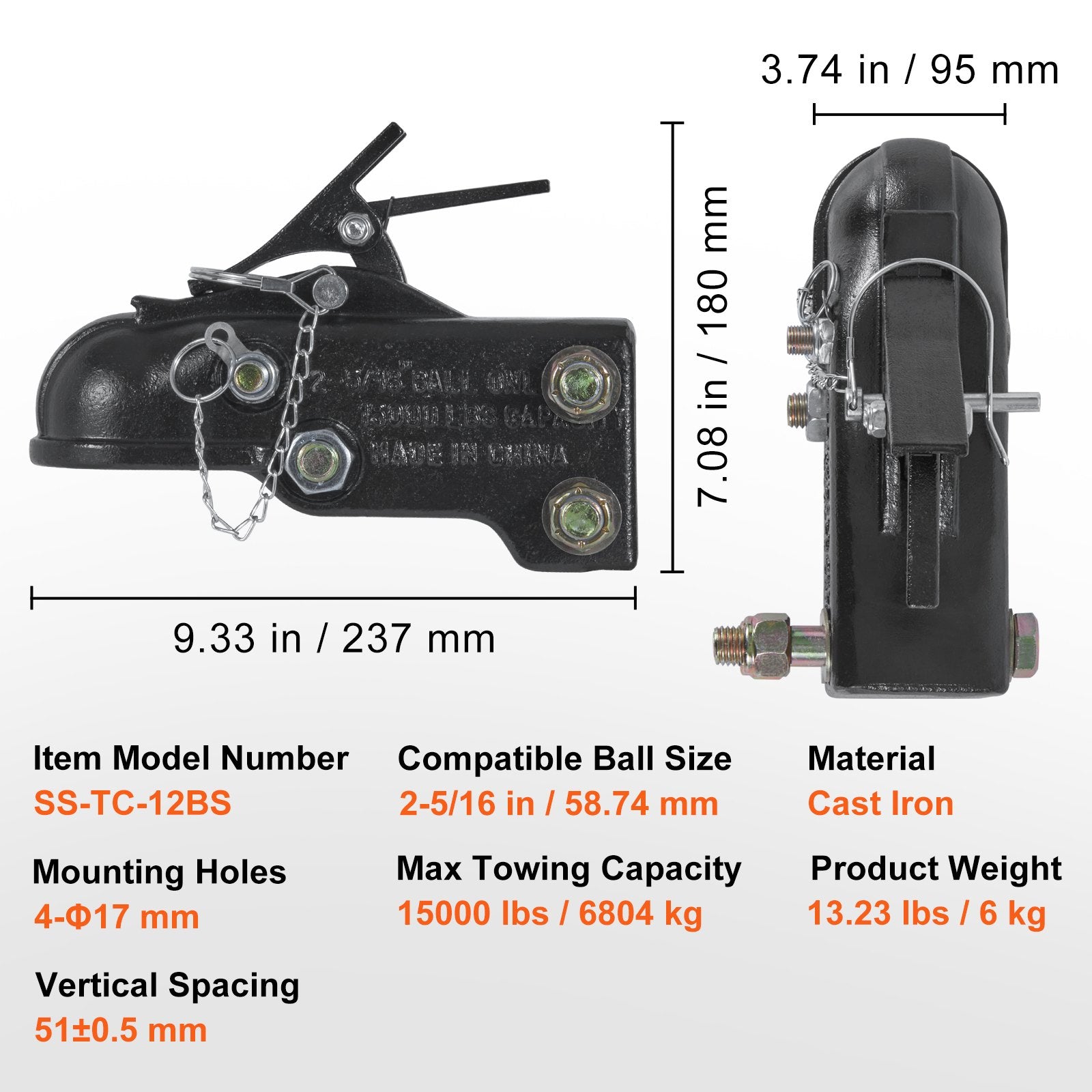 Adjustable Trailer Coupler, Heavy Duty Cast, 2-5/16" Hitch, 15000 lbs, Black