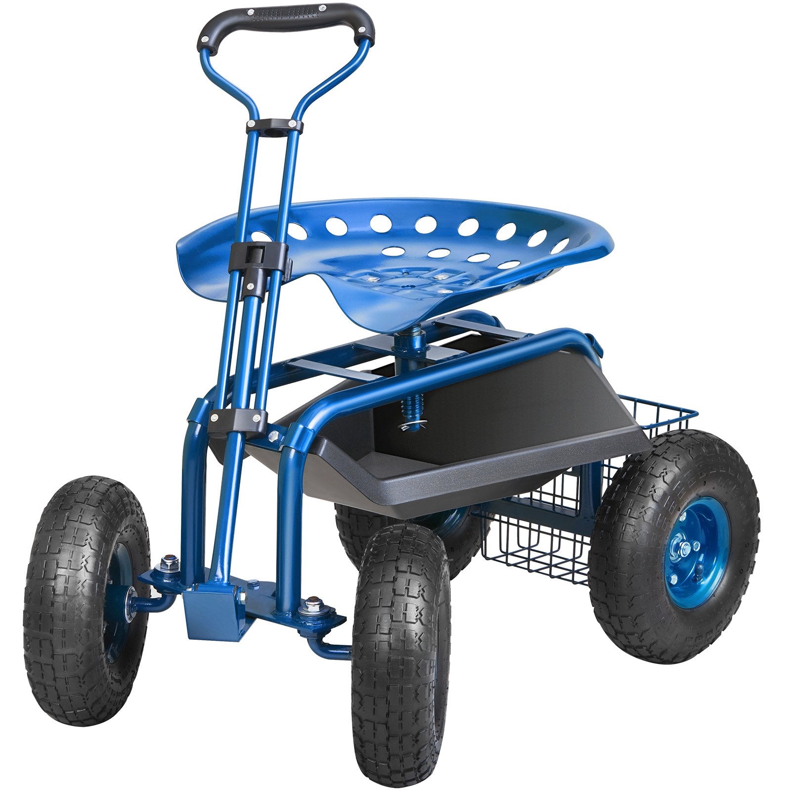 Garden Cart Rolling Workseat 360° Swivel Wagon with Steering Handle Blue