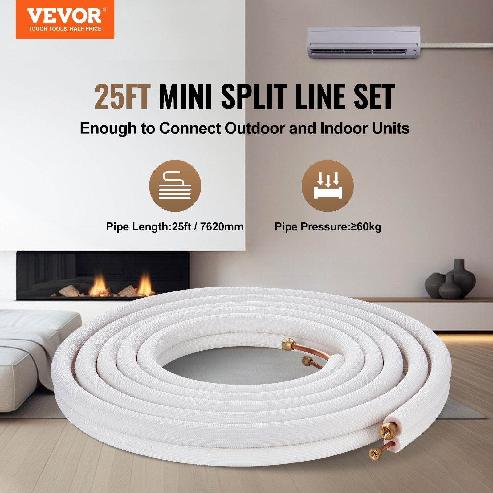 Mini Split Line Set 7620mm 6.4 & 9.5 OD Copper Pipes Triple-Layer Insulation