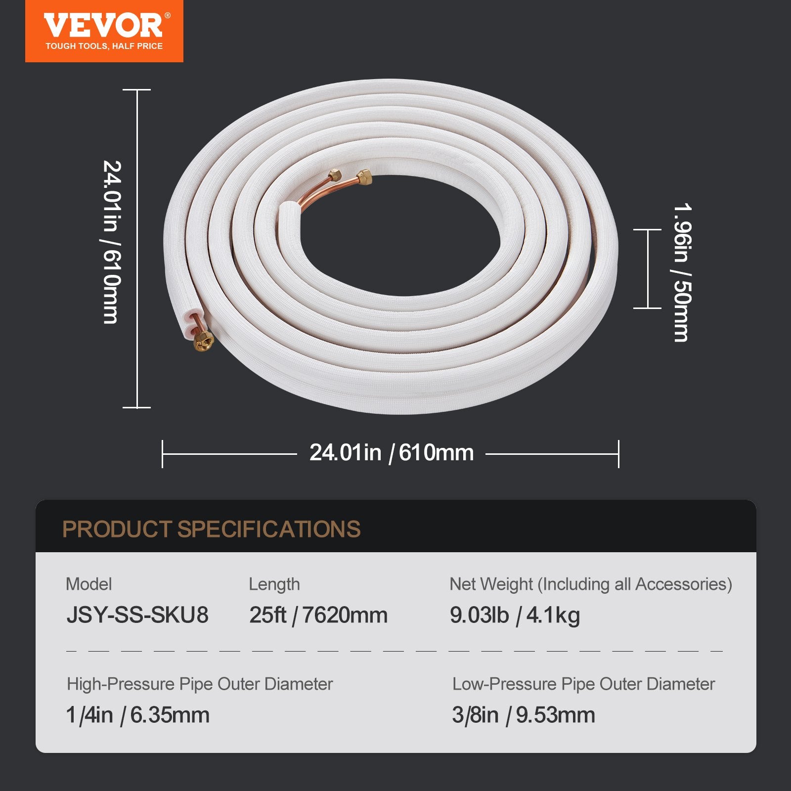 Mini Split Line Set 7620mm 6.4 & 9.5 OD Copper Pipes Triple-Layer Insulation