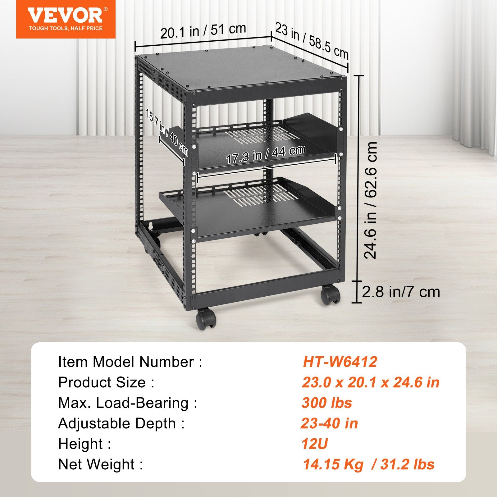 Server Rack 12U Open Frame 23-40in Adjustable Depth 4-Post Casters Standing