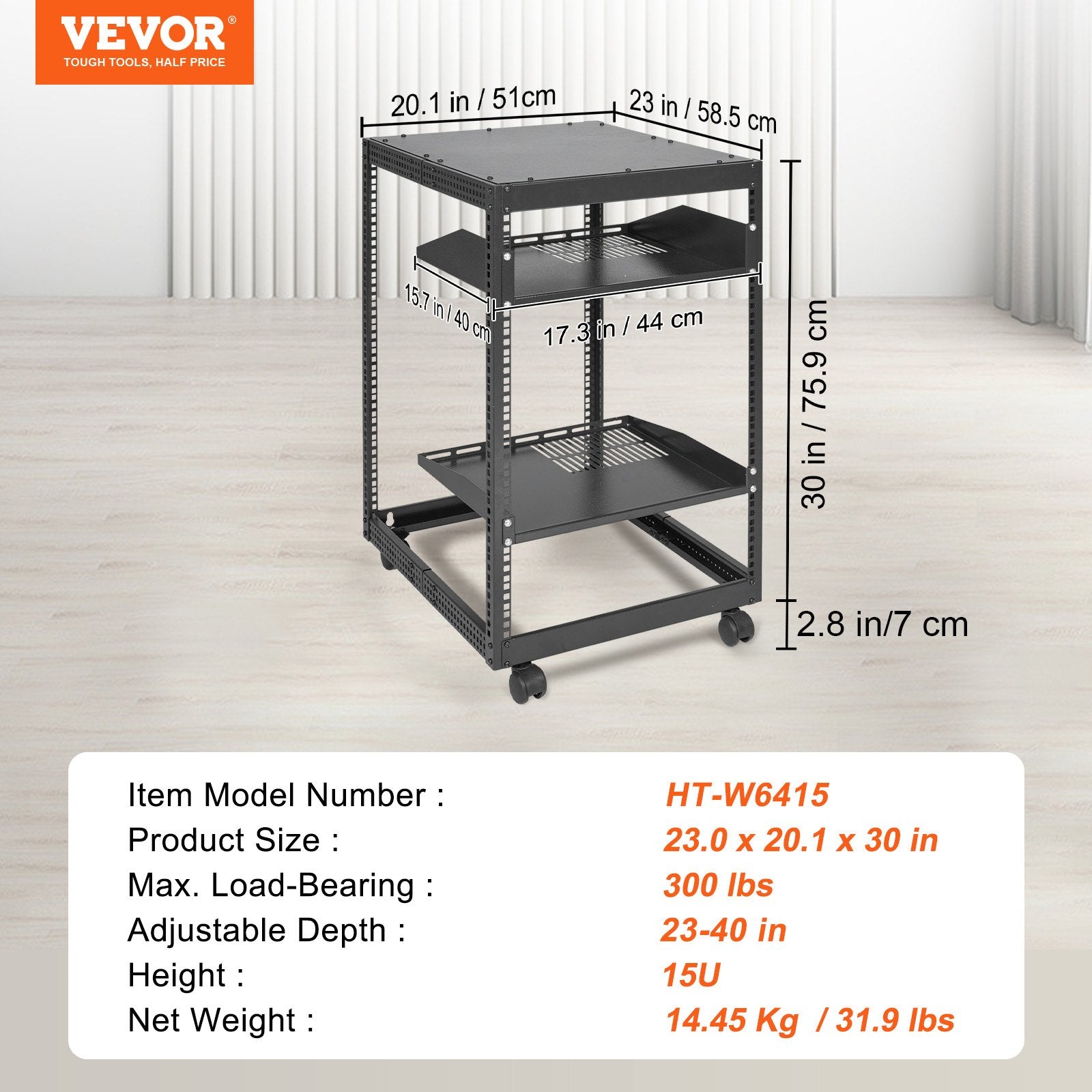 15U Open Frame Server Rack Adjustable 23–40in Depth 4-Post with Casters