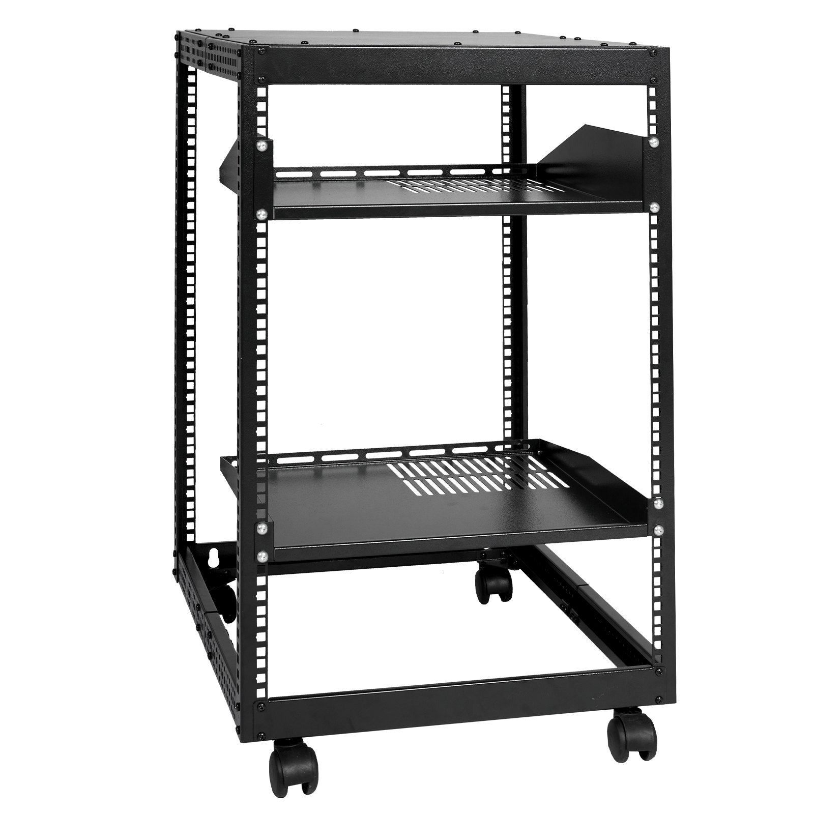 15U Open Frame Server Rack Adjustable 23–40in Depth 4-Post with Casters