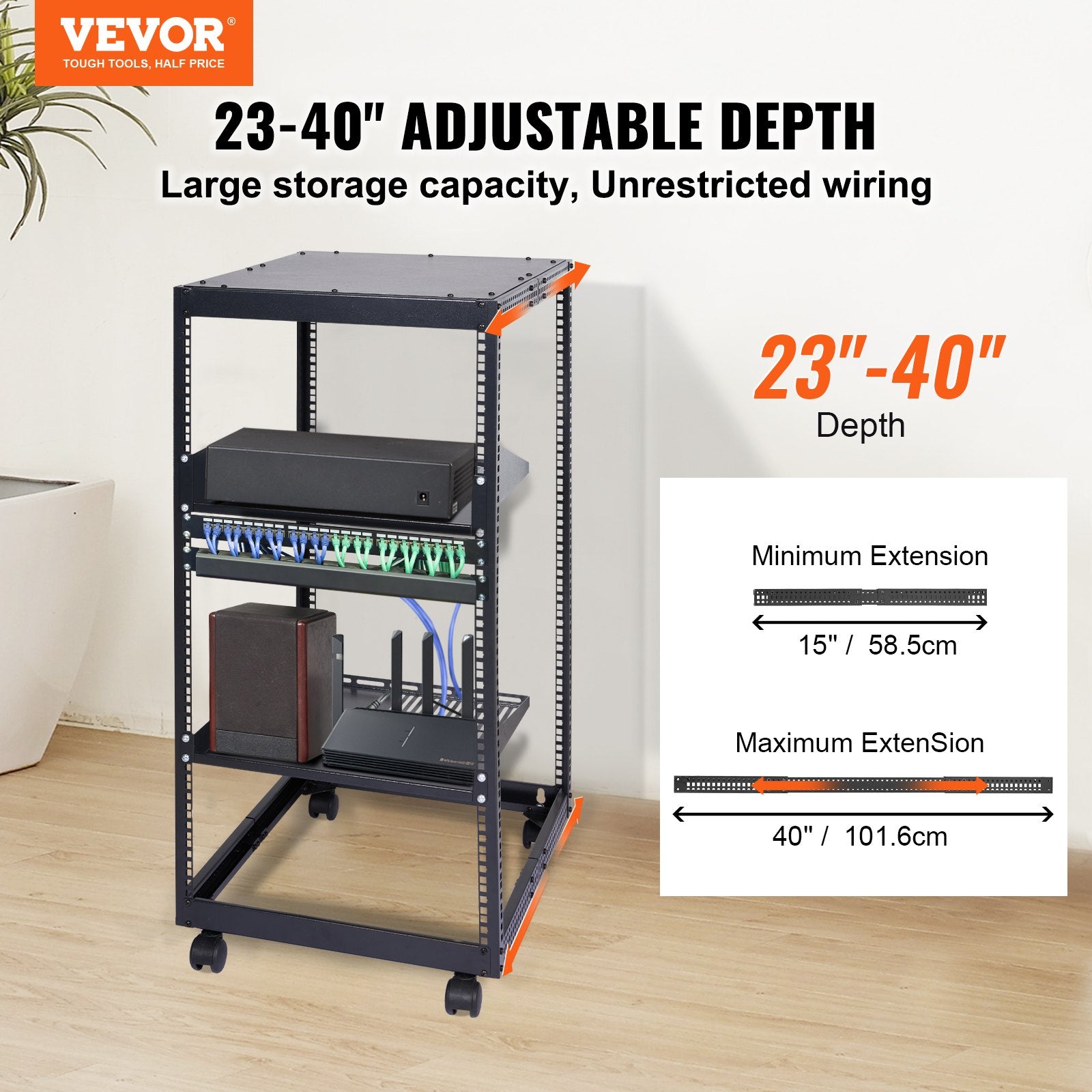 Server Rack 20U Open Frame 23-40in Adjustable Depth 4-Post Casters Standing