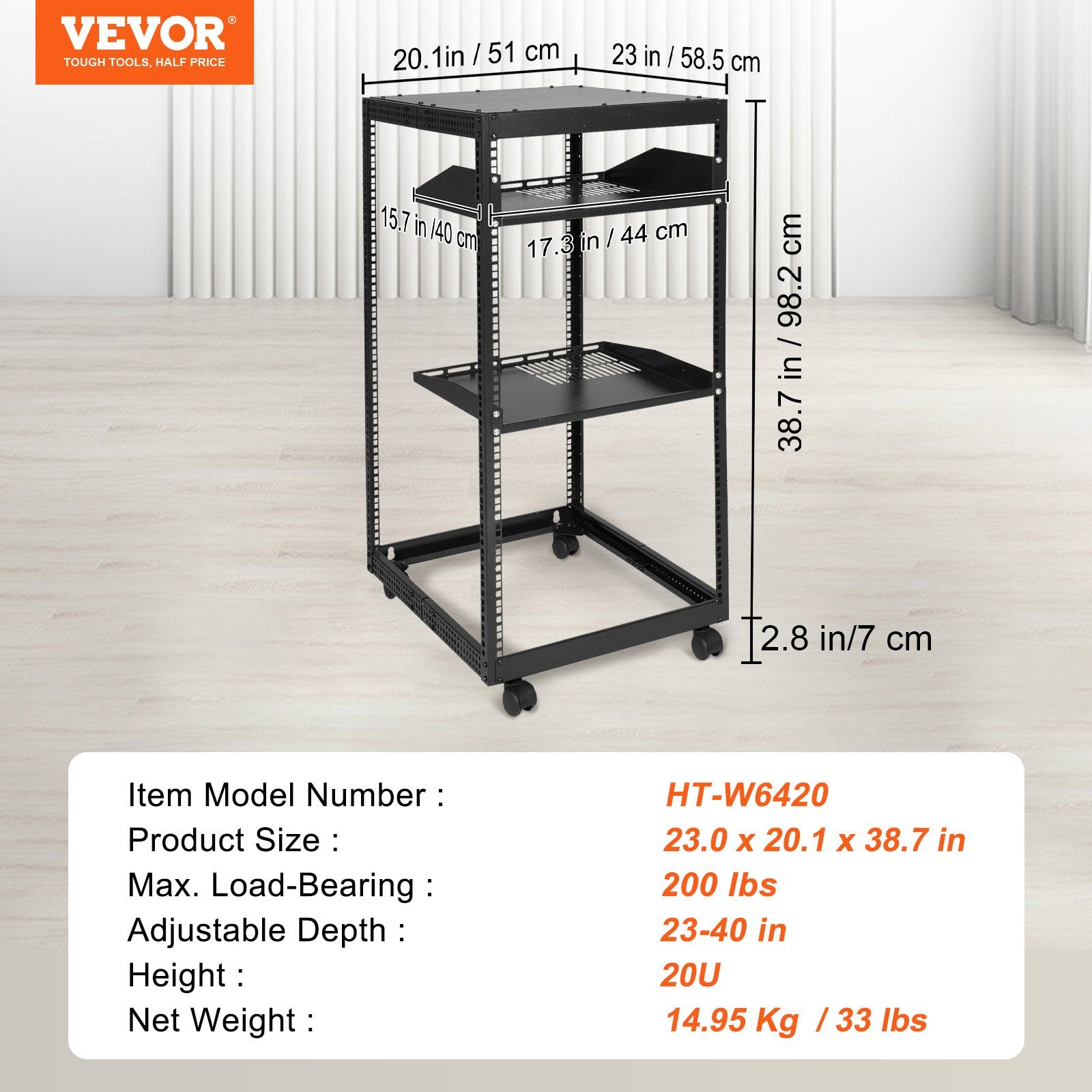 Server Rack 20U Open Frame 23-40in Adjustable Depth 4-Post Casters Standing