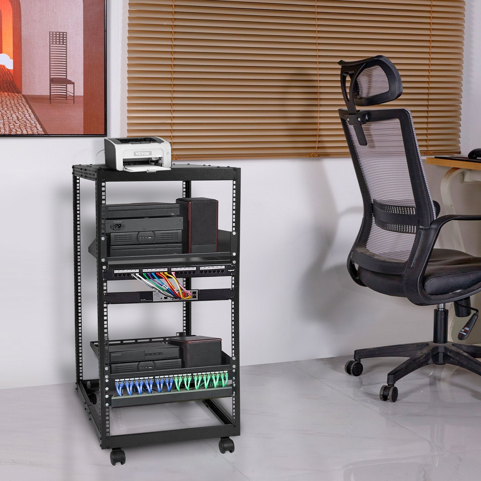 Server Rack 20U Open Frame 23-40in Adjustable Depth 4-Post Casters Standing