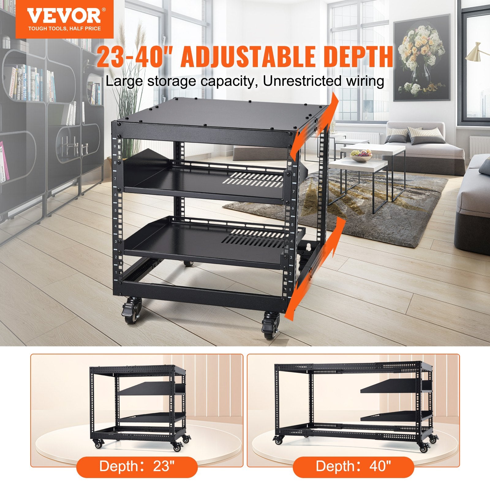 Server Rack 9U Open Frame 584.2-1016mm Adjustable Depth Wall Mount Casters