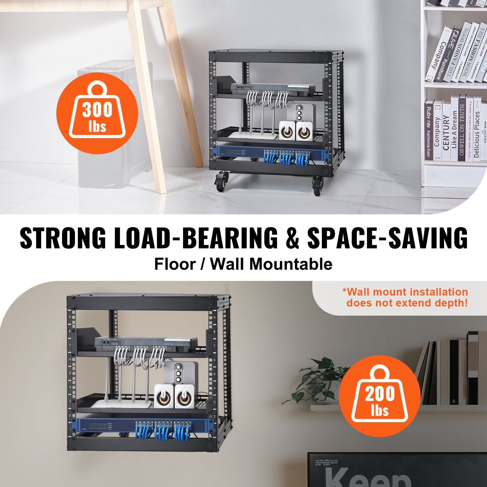 Server Rack 9U Open Frame 584.2-1016mm Adjustable Depth Wall Mount Casters