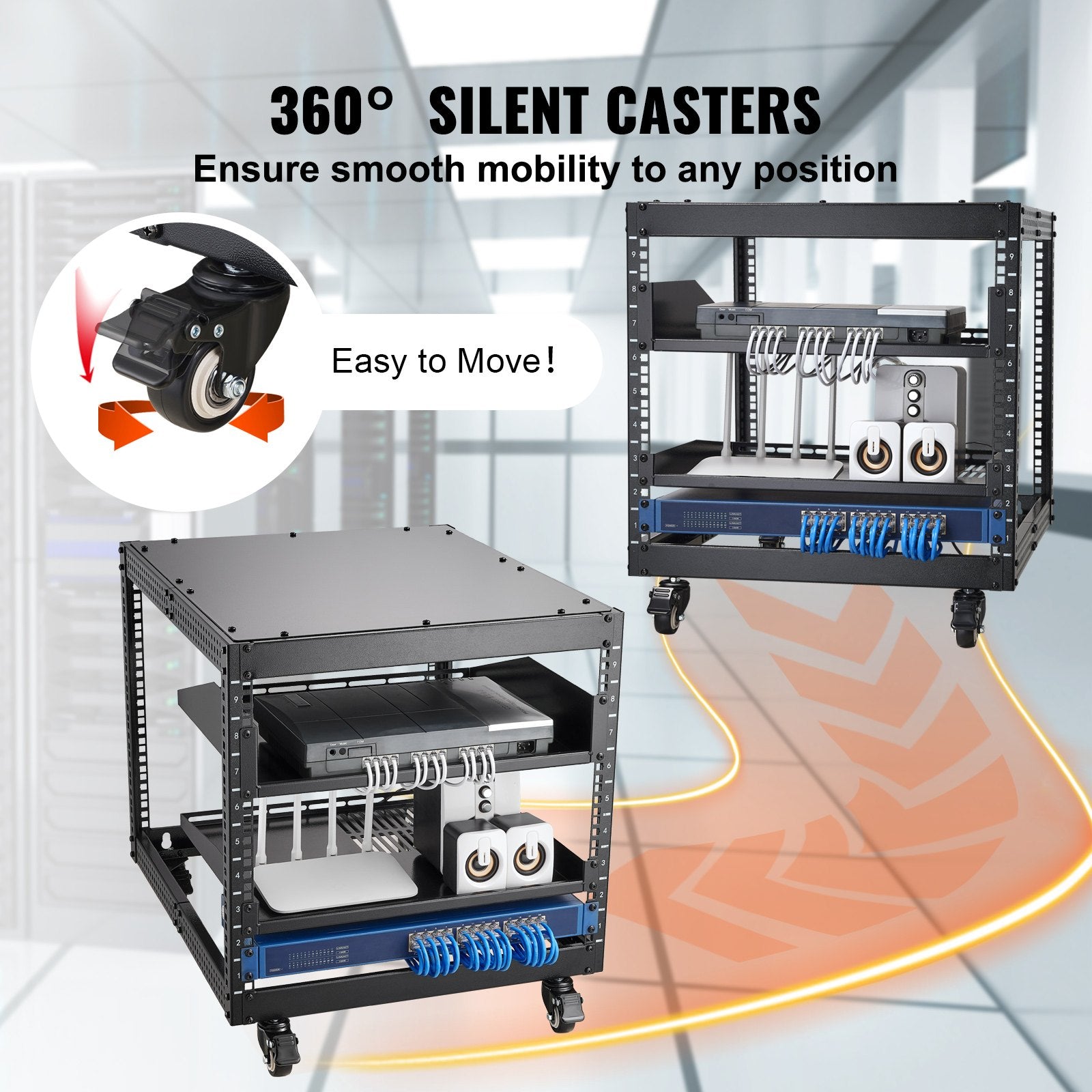 Server Rack 9U Open Frame 584.2-1016mm Adjustable Depth Wall Mount Casters