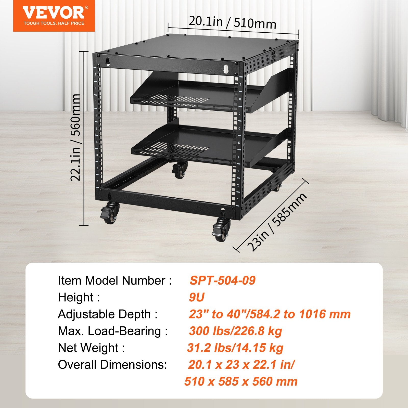 Server Rack 9U Open Frame 584.2-1016mm Adjustable Depth Wall Mount Casters