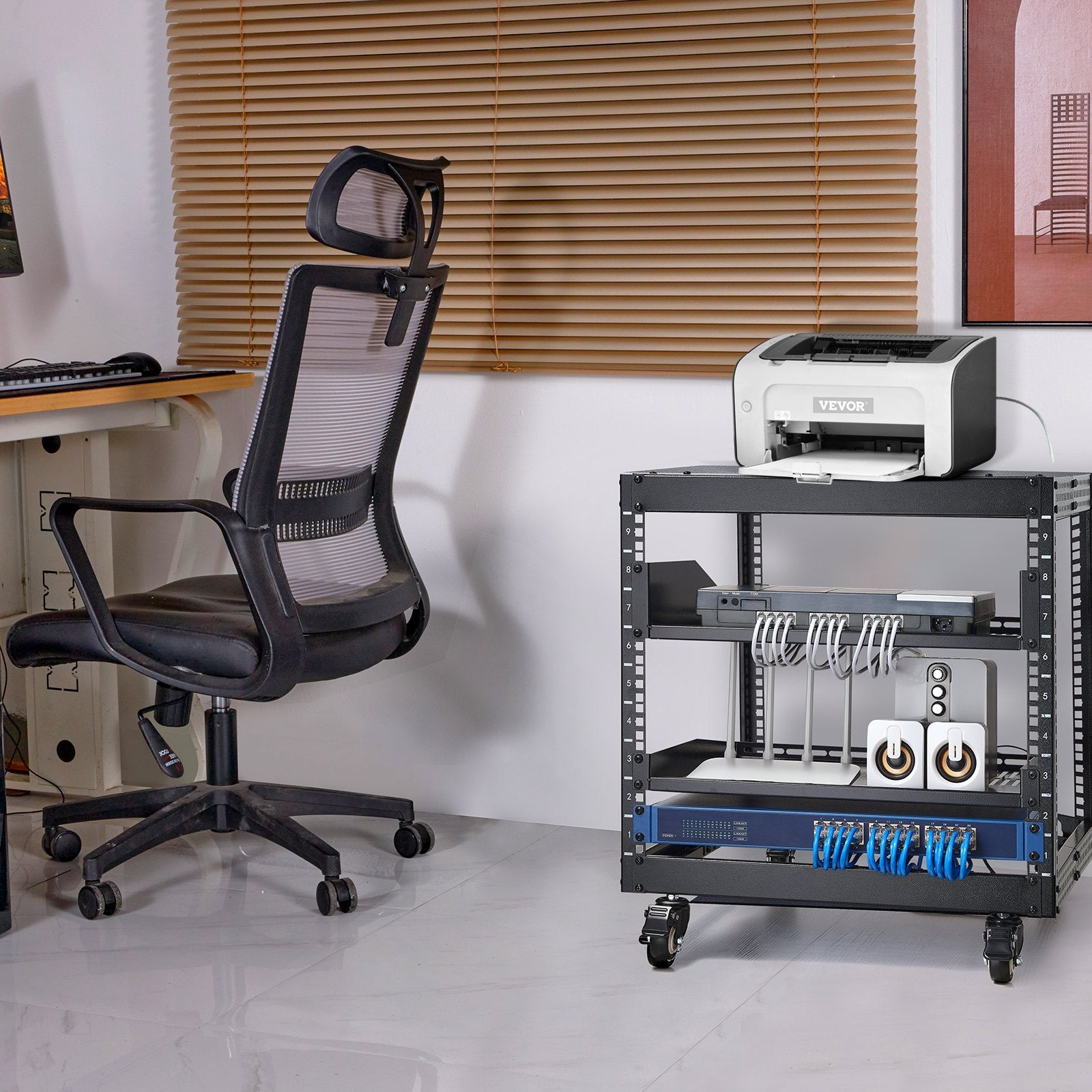 Server Rack 9U Open Frame 584.2-1016mm Adjustable Depth Wall Mount Casters