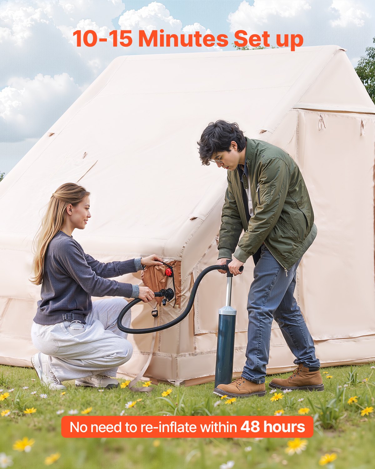 Inflatable 3-5 Person Camping Tent 300D Oxford with Canopy Beige Blow Up Tent