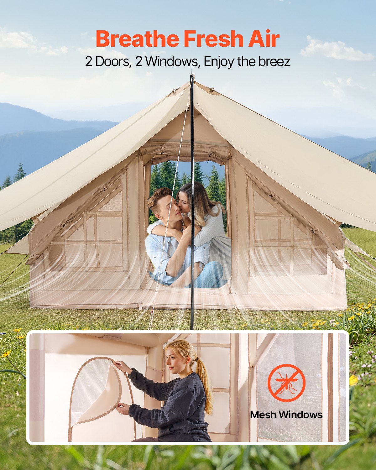 Inflatable 3-5 Person Camping Tent 300D Oxford with Canopy Beige Blow Up Tent