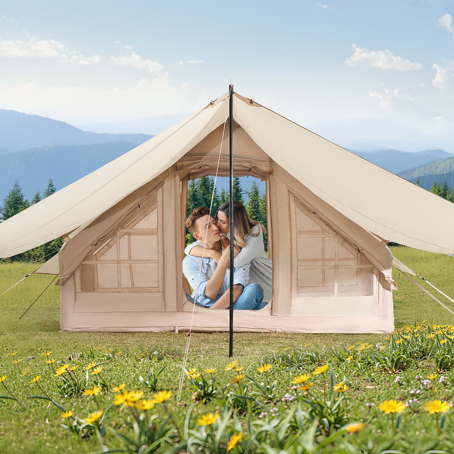 Inflatable 3-5 Person Camping Tent 300D Oxford with Canopy Beige Blow Up Tent