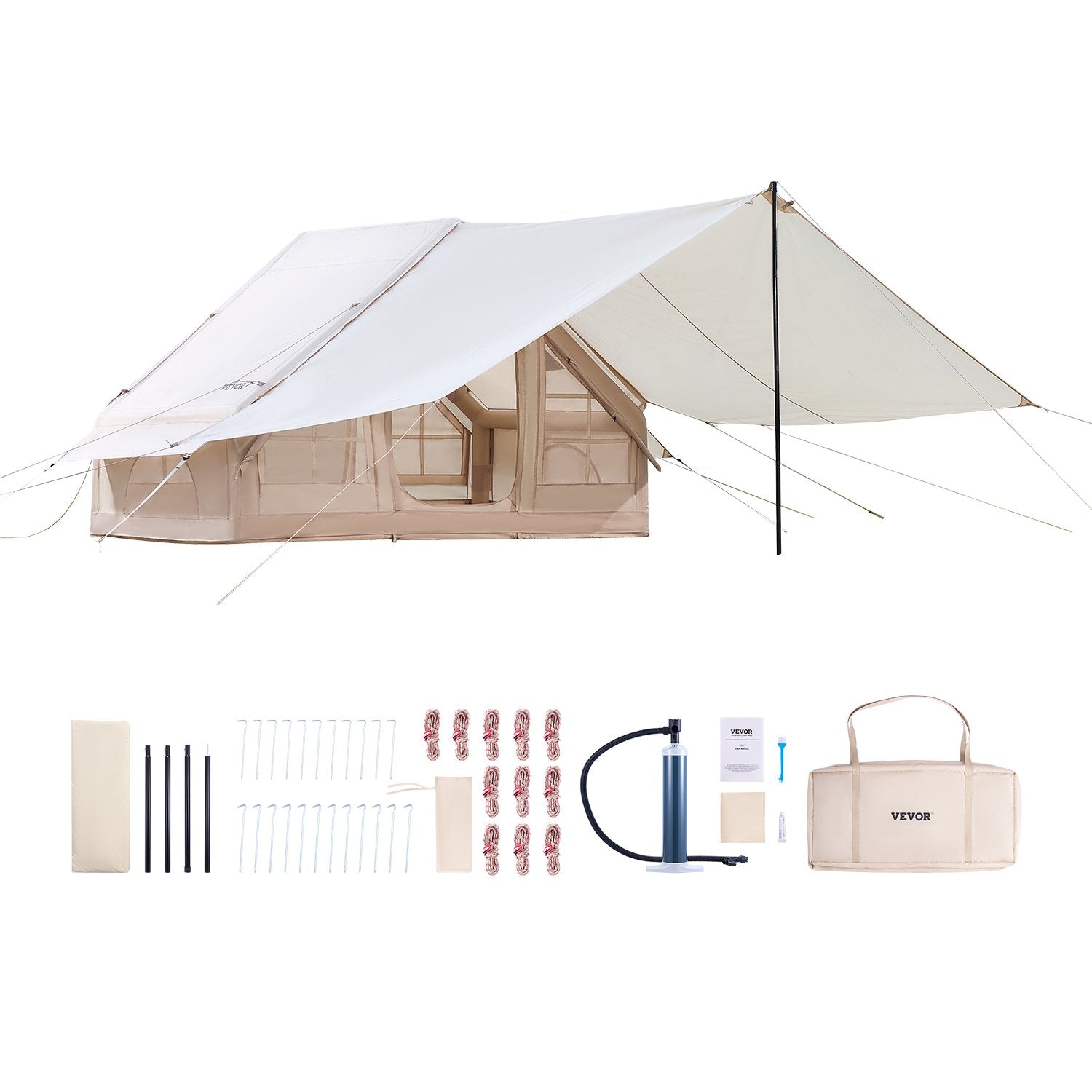 Inflatable 3-5 Person Camping Tent 300D Oxford with Canopy Beige Blow Up Tent