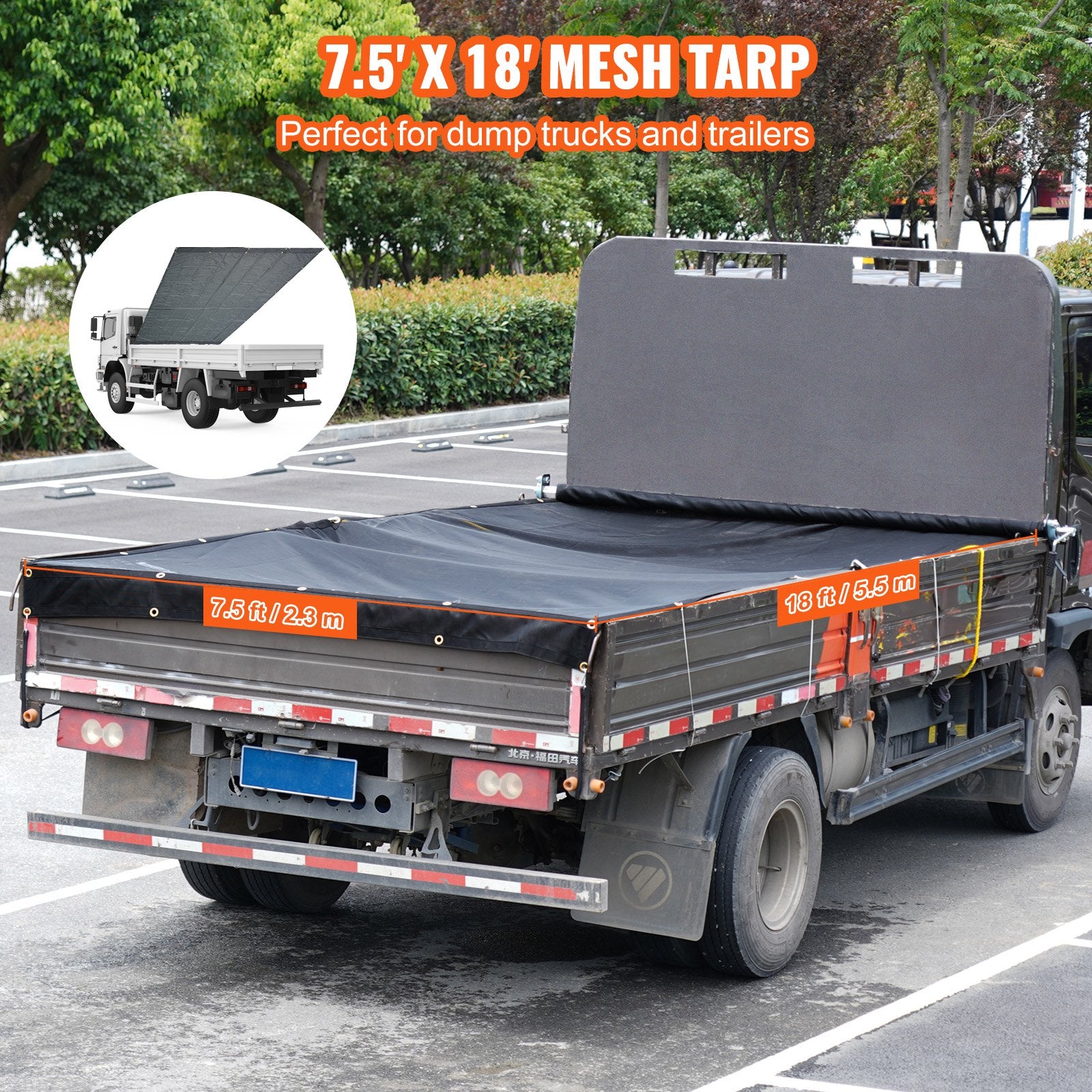 Dump Truck Mesh Tarp 7.5x18ft PVC Coated Black Heavy Duty with Brass Grommets