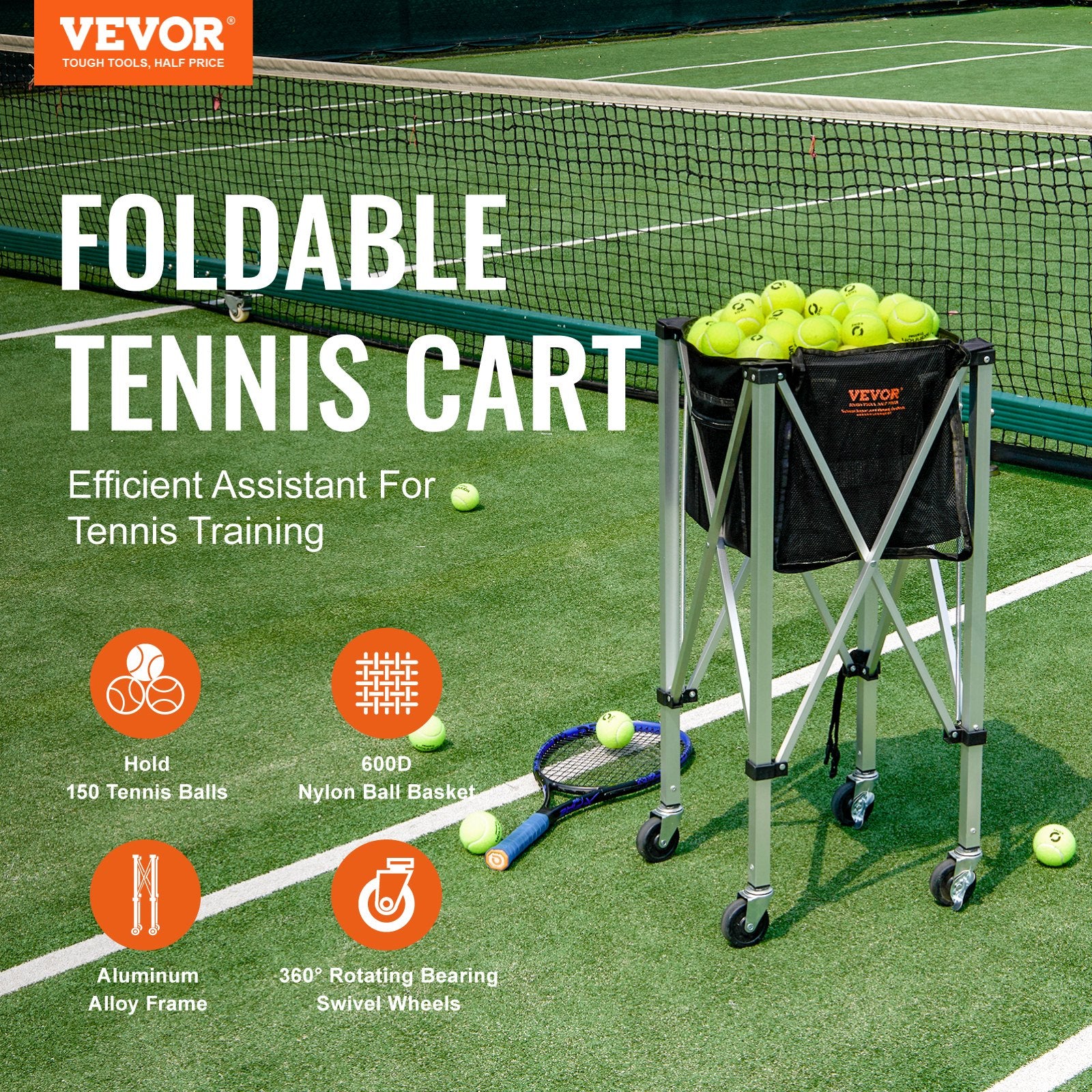 Foldable Tennis Ball Hopper 150 Balls Aluminum Alloy Basket Cart with Wheels