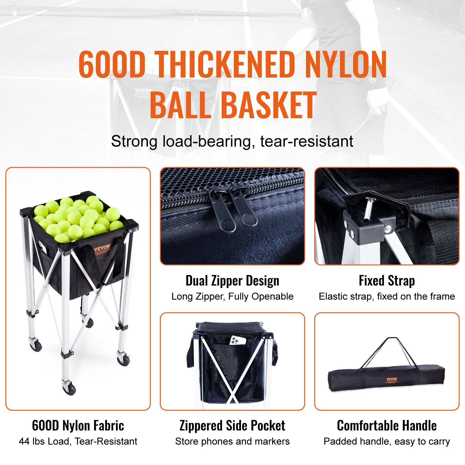 Foldable Tennis Ball Hopper 150 Balls Aluminum Alloy Basket Cart with Wheels