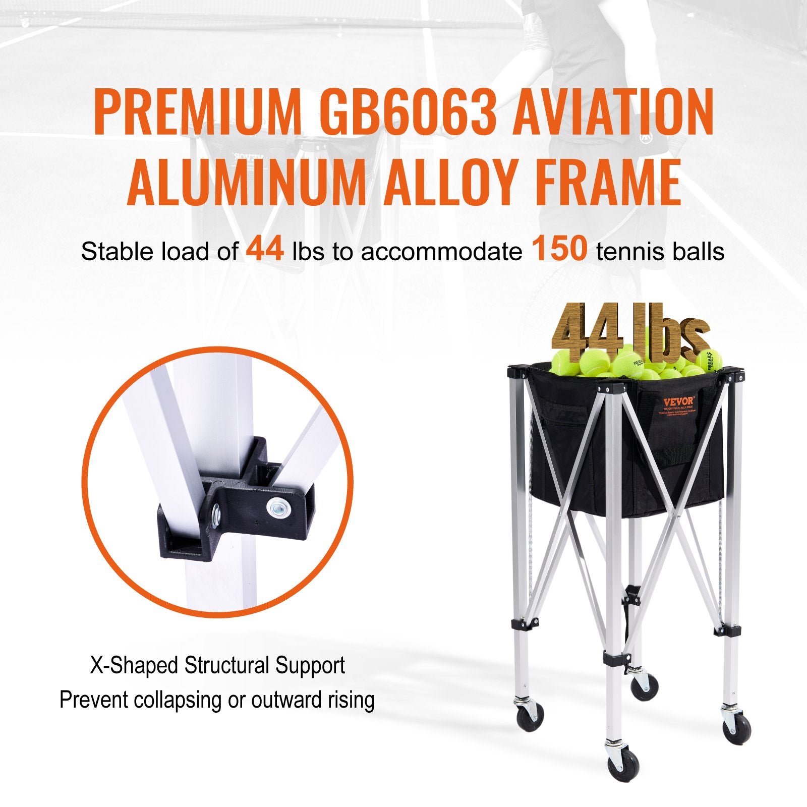 Foldable Tennis Ball Hopper 150 Balls Aluminum Alloy Basket Cart with Wheels