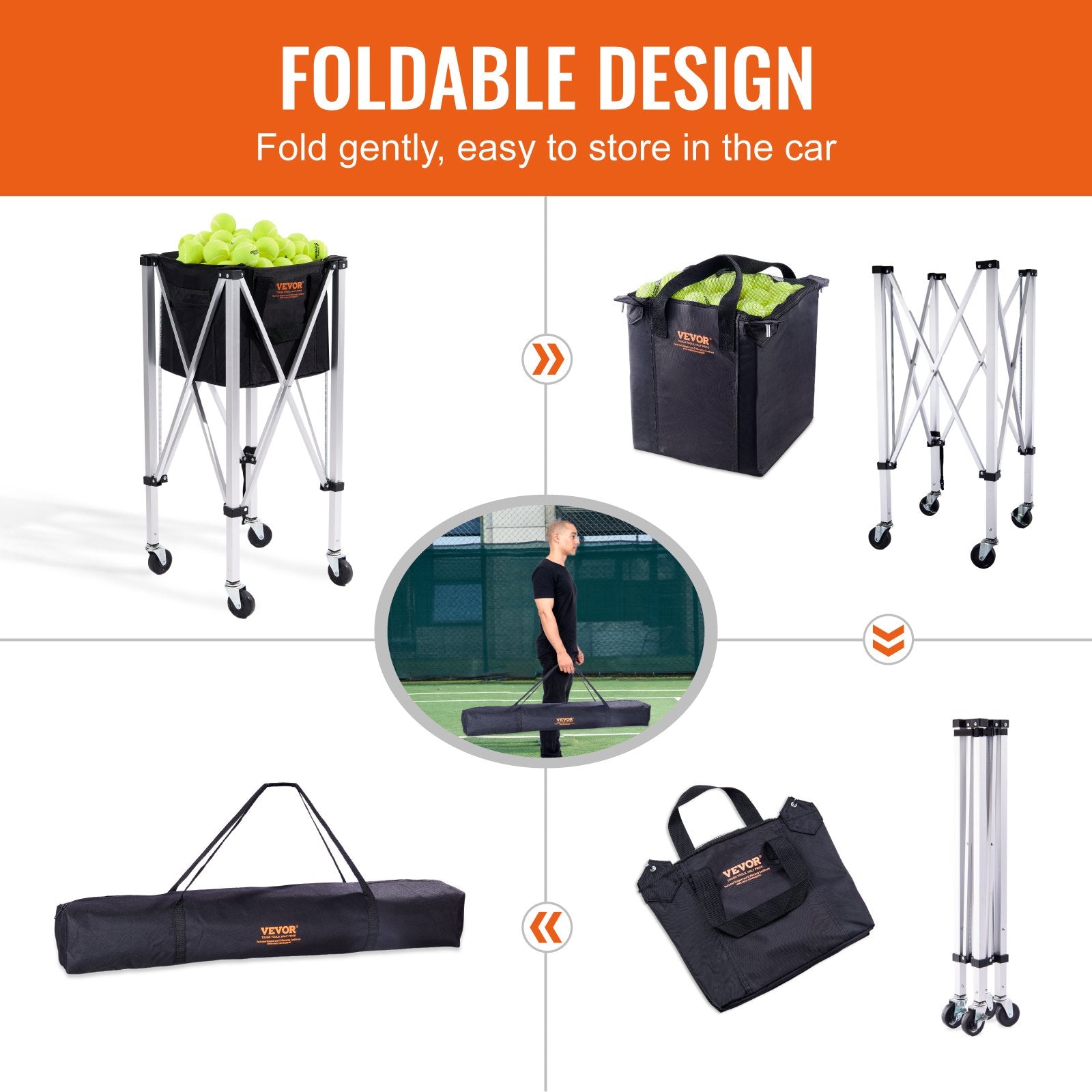 Foldable Tennis Ball Hopper 150 Balls Aluminum Alloy Basket Cart with Wheels