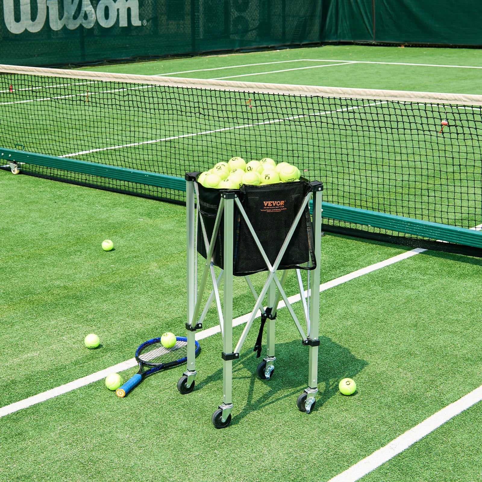 Foldable Tennis Ball Hopper 150 Balls Aluminum Alloy Basket Cart with Wheels