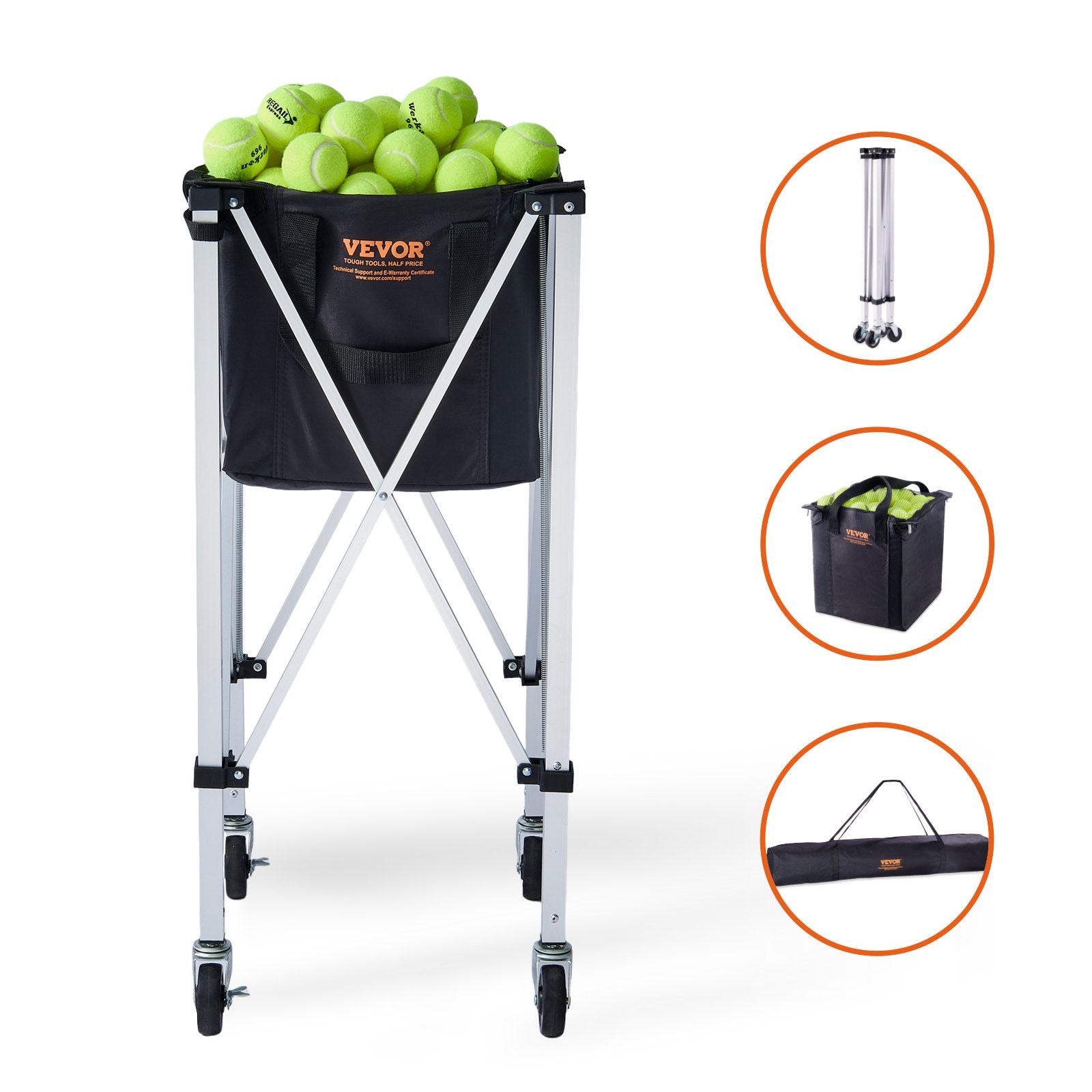 Foldable Tennis Ball Hopper 150 Balls Aluminum Alloy Basket Cart with Wheels