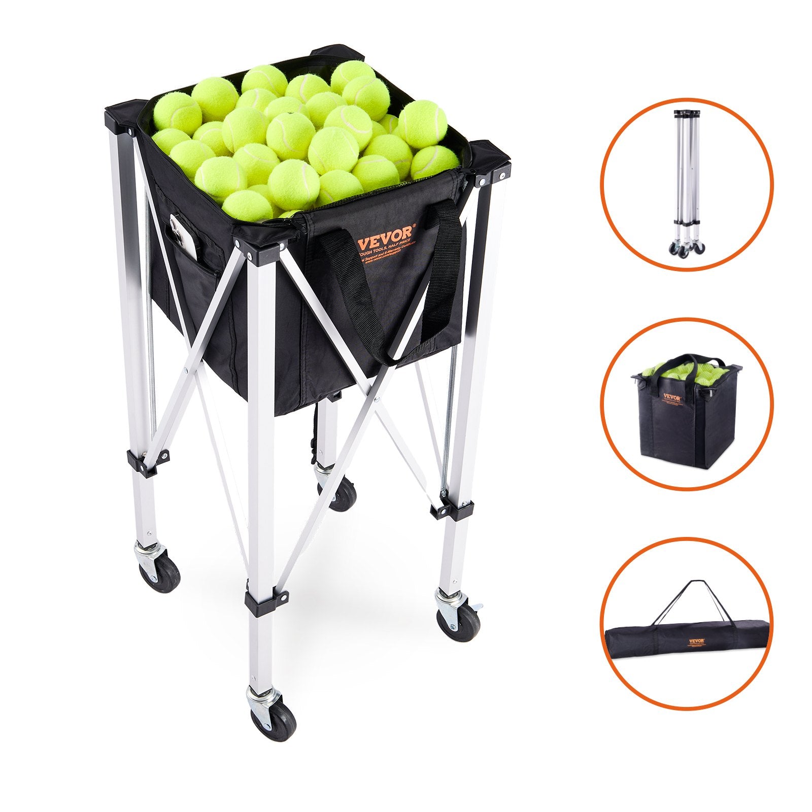 Foldable Tennis Ball Hopper 150 Balls Aluminum Alloy Basket Cart with Wheels